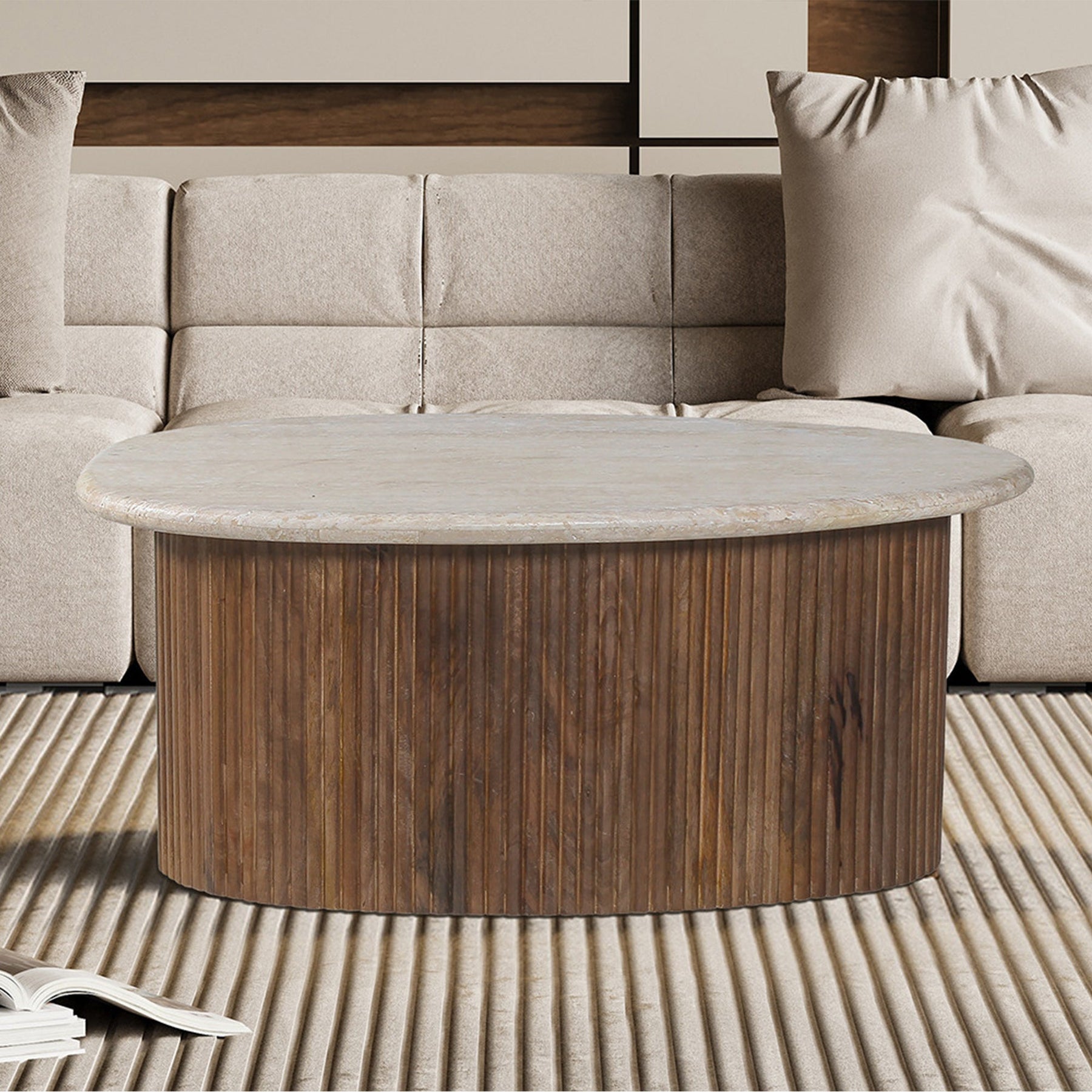 LOUIS Table basse en travertin et bois de manguier 90 cm