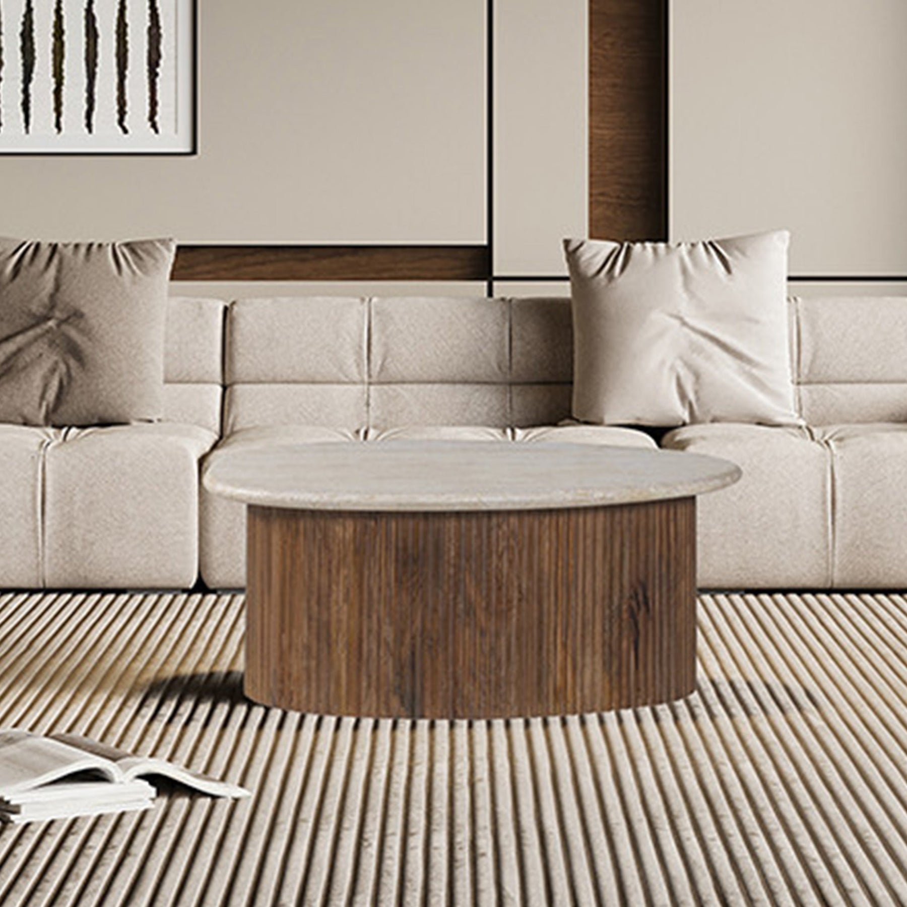 LOUIS Table basse en travertin et bois de manguier 90 cm