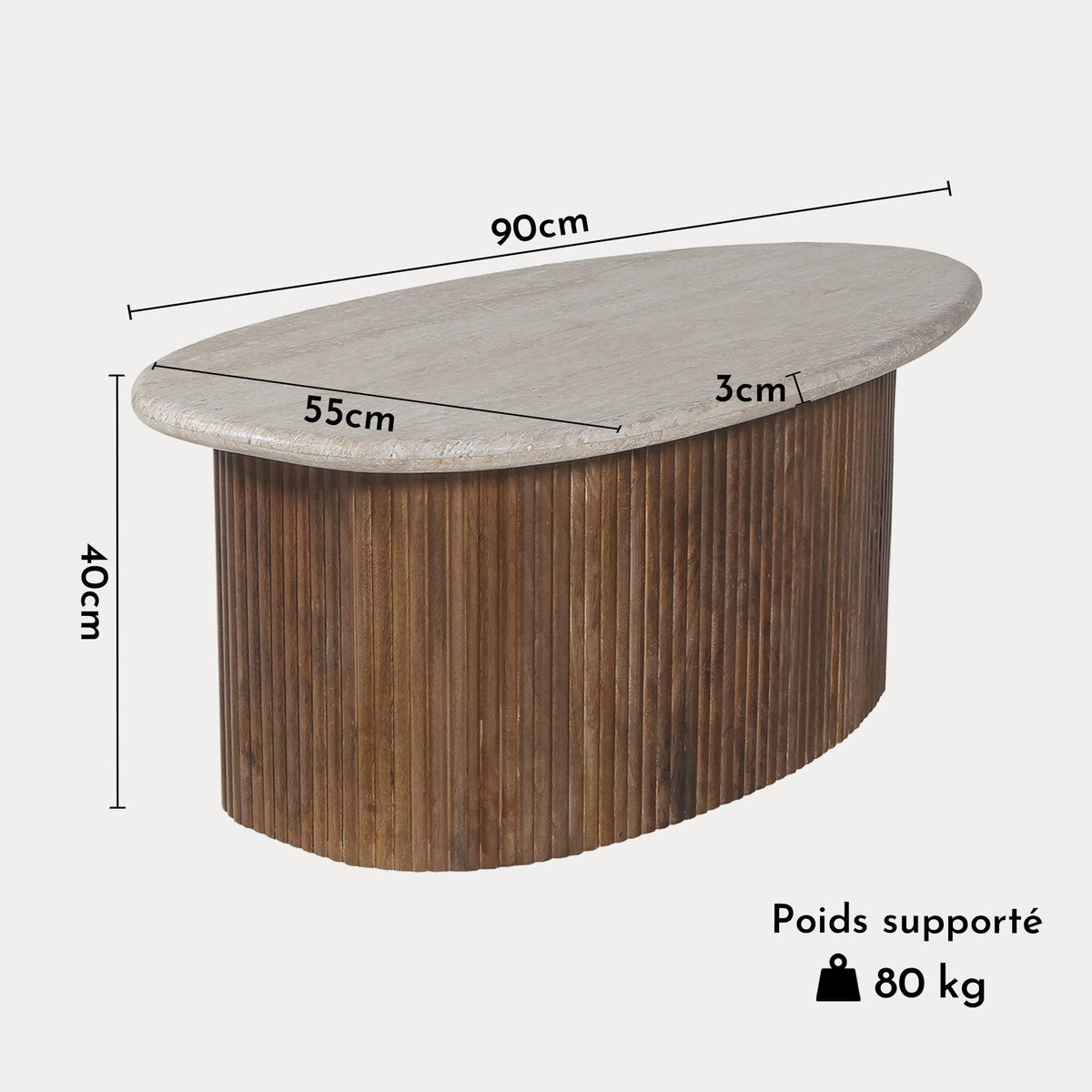 LOUIS Table basse en travertin et bois de manguier 90 cm