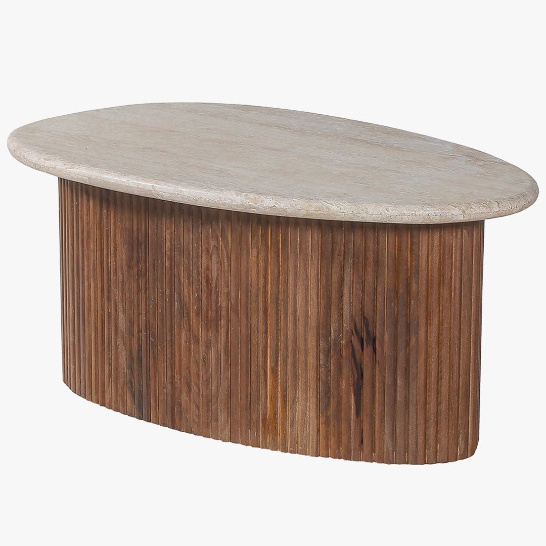 LOUIS Table basse en travertin et bois de manguier 90 cm
