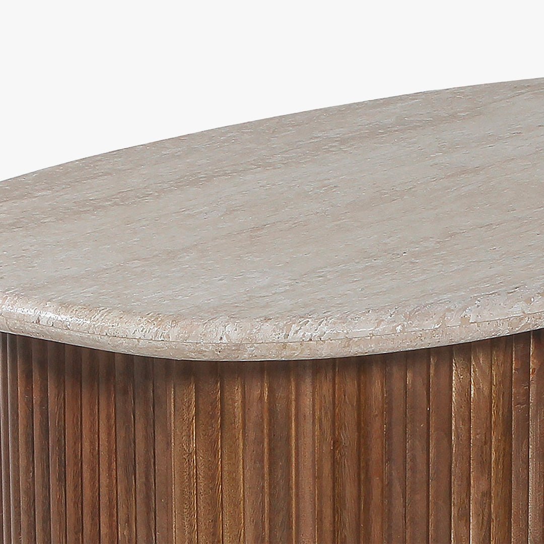 LOUIS Table basse en travertin et bois de manguier 90 cm