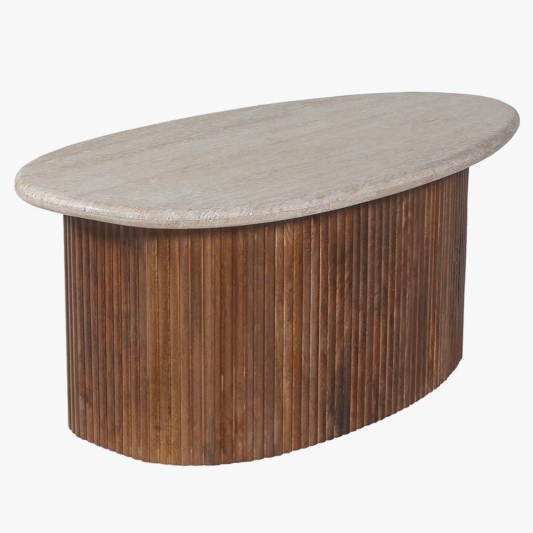 LOUIS Table basse en travertin et bois de manguier 90 cm