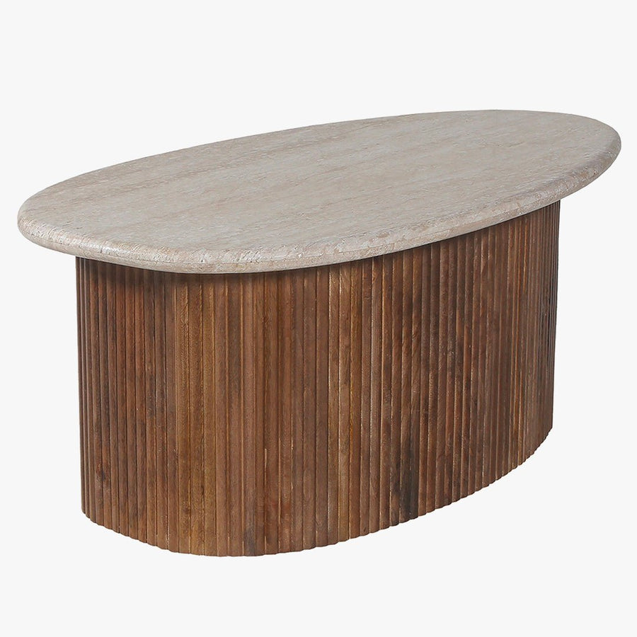 LOUIS Table basse en travertin et bois de manguier 90 cm