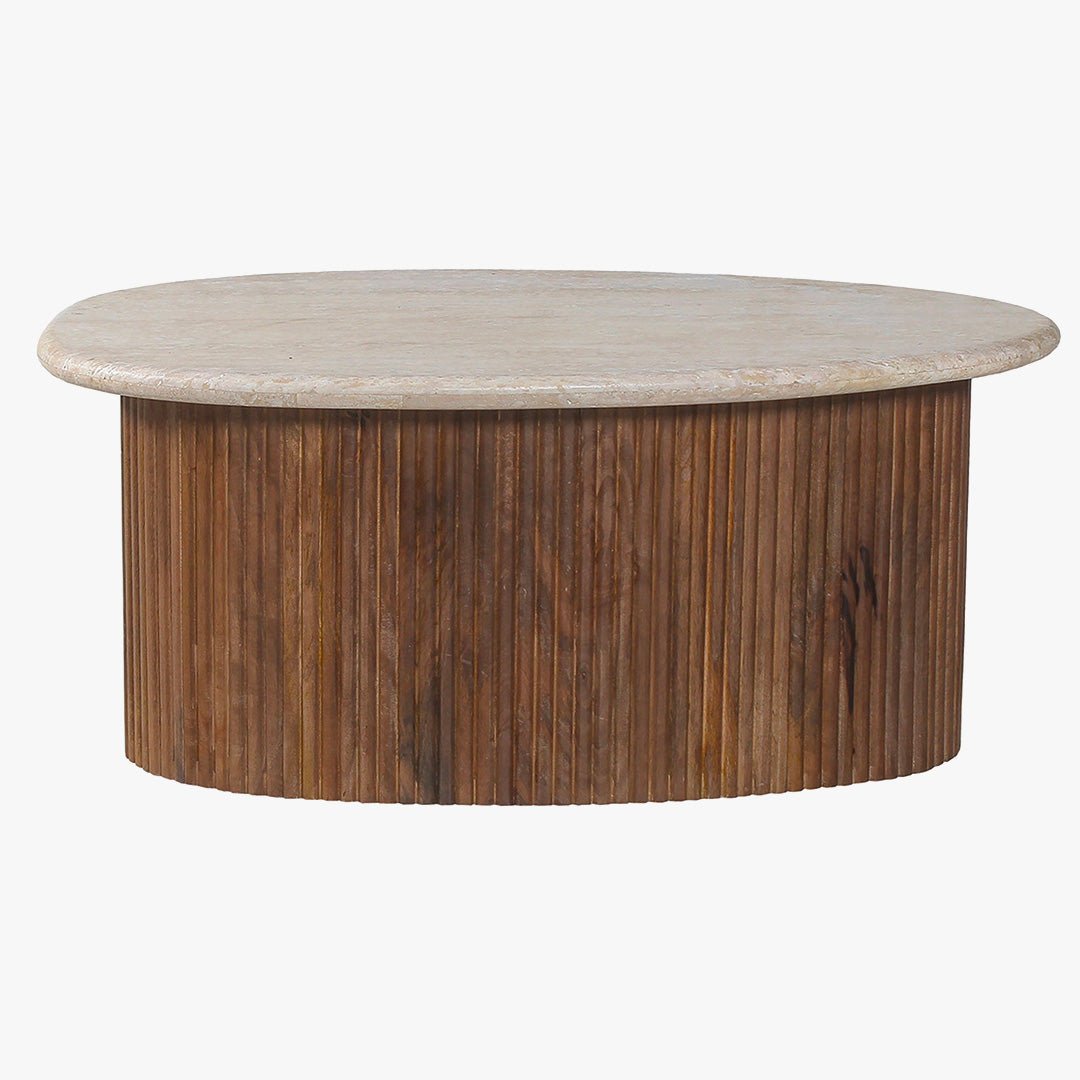 LOUIS Table basse en travertin et bois de manguier 90 cm