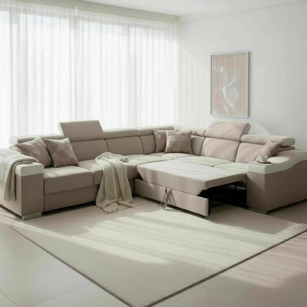LUCKY Canapé d’angle convertible réversible en tissu velours beige et simili cuir blanc