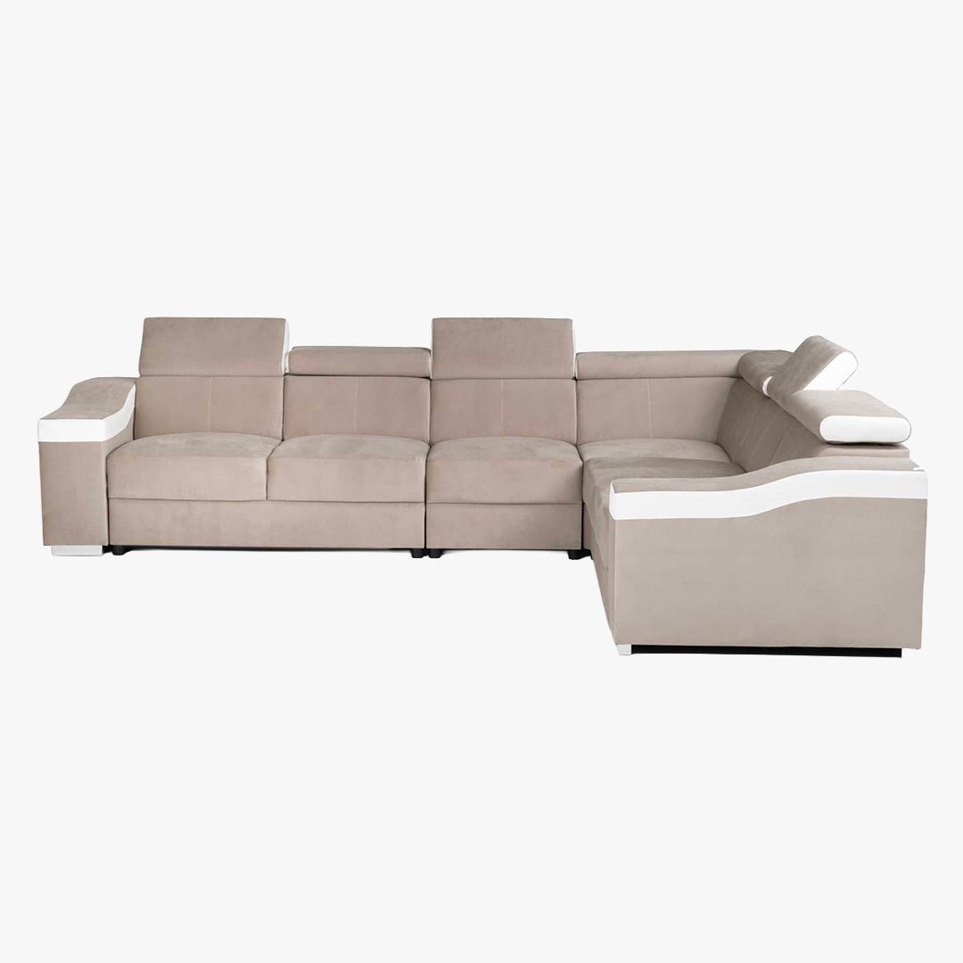 LUCKY Canapé d’angle convertible réversible en tissu velours beige et simili cuir blanc