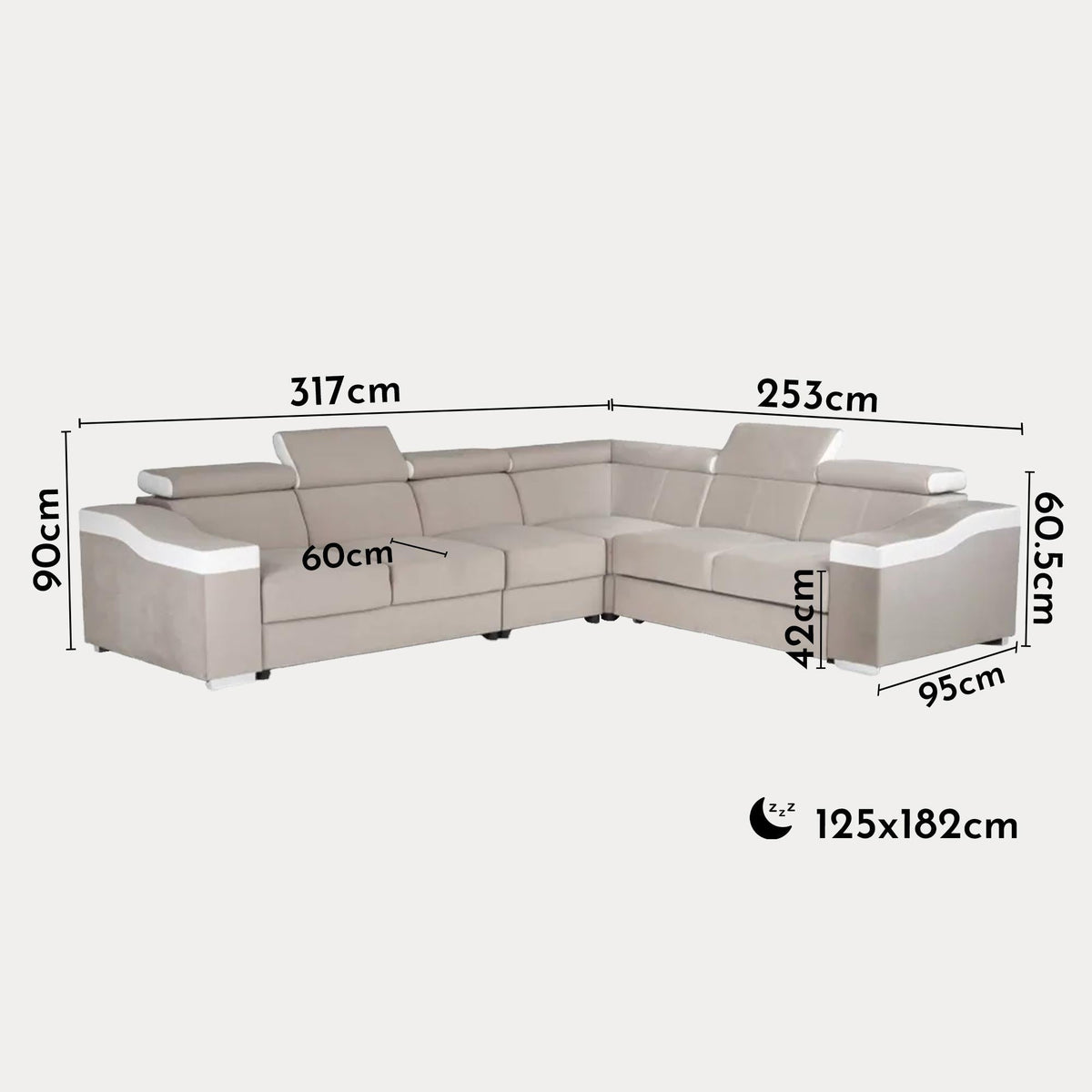 LUCKY Canapé d’angle convertible réversible en tissu velours beige et simili cuir blanc