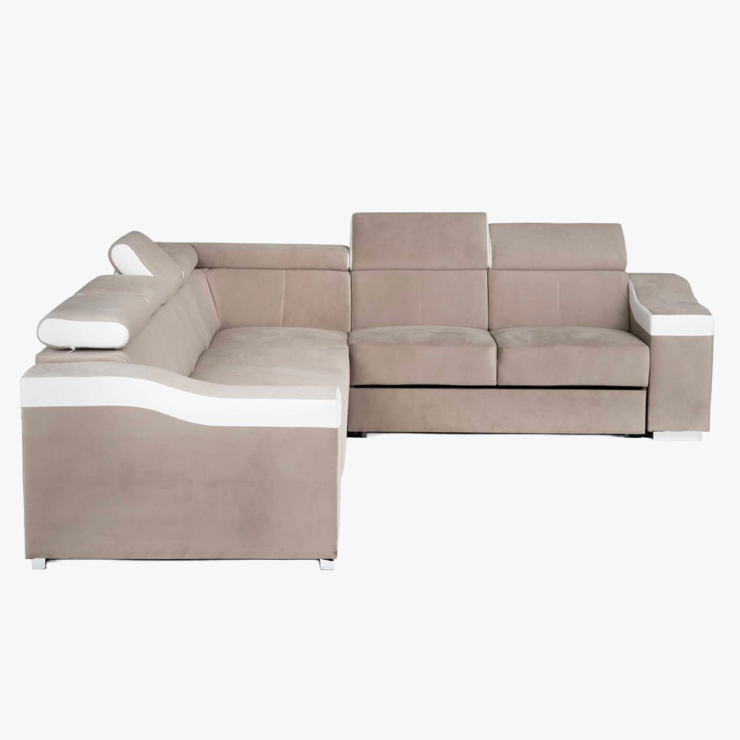 LUCKY Canapé d’angle convertible réversible en tissu velours beige et simili cuir blanc