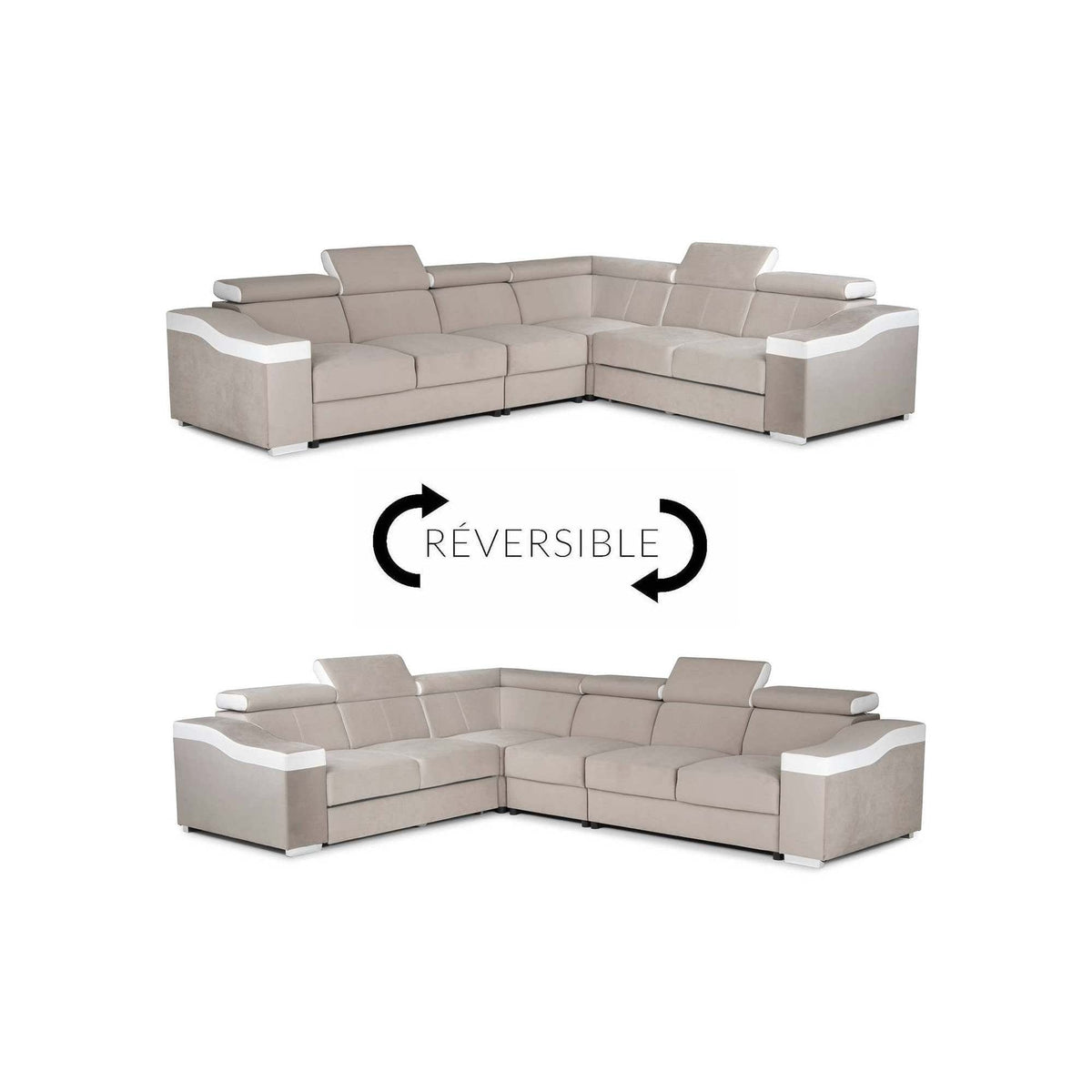 LUCKY Canapé d’angle convertible réversible en tissu velours beige et simili cuir blanc
