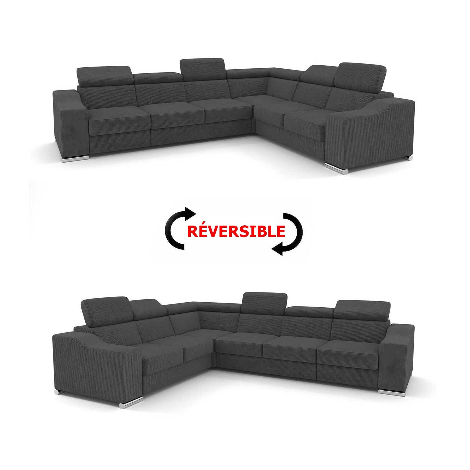 LUCKY COTELÉ Canapé d’angle convertible réversible en velours côtelé gris foncé