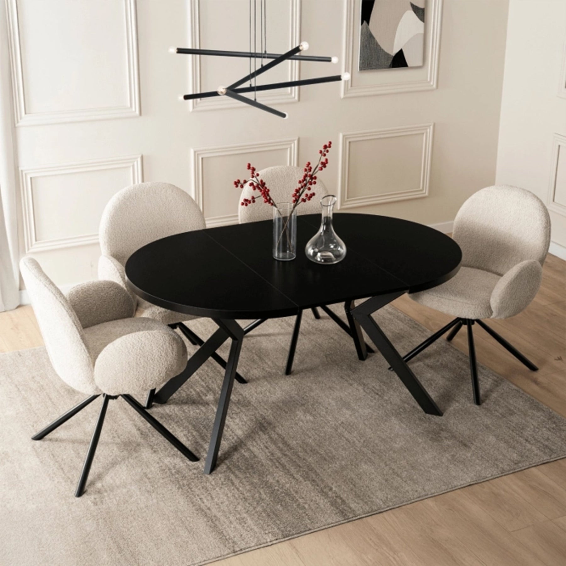 LUKAS Table à manger ronde extensible couleur bois noir pieds métal noir 100-250 cm