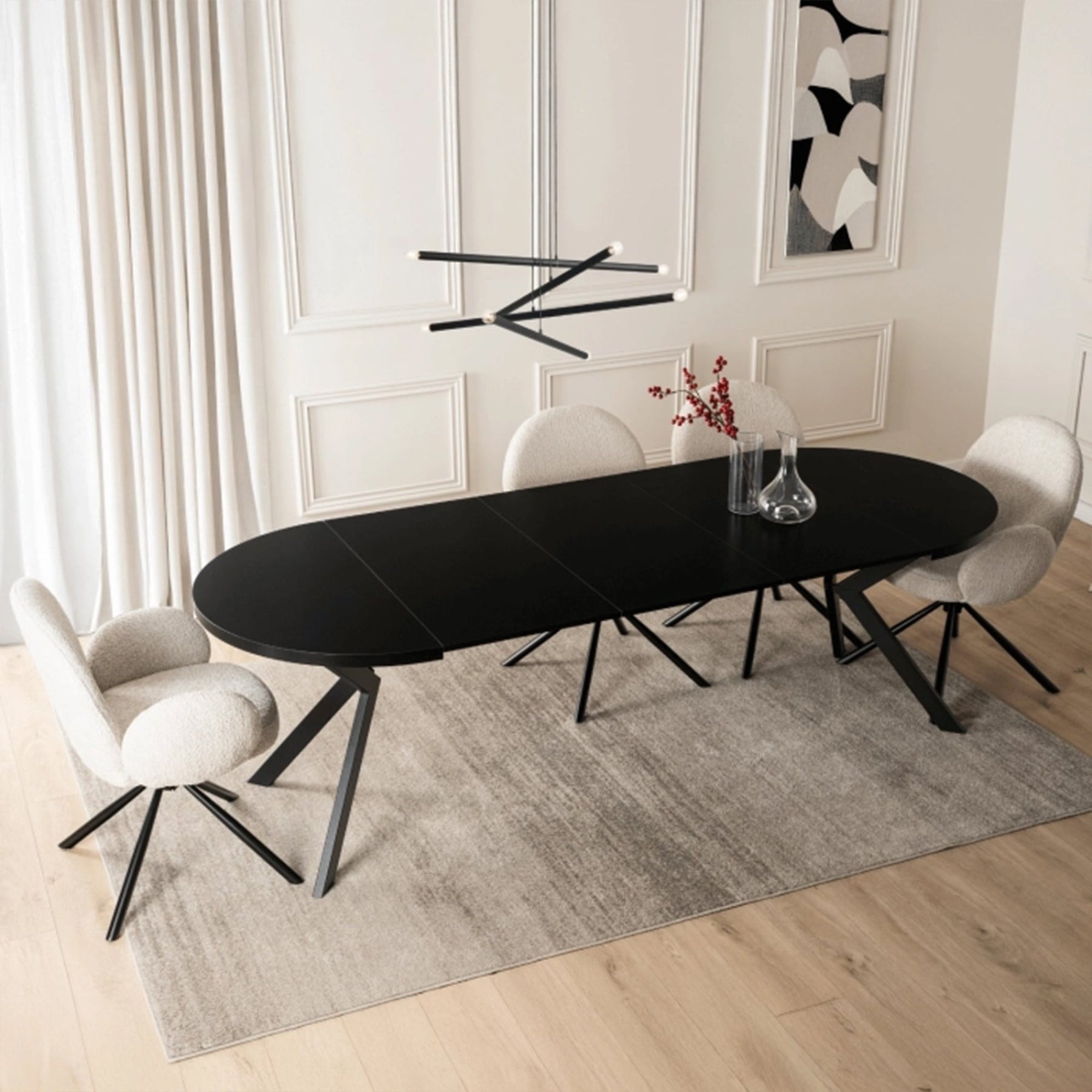 LUKAS Table à manger ronde extensible couleur bois noir pieds métal noir 100-250 cm