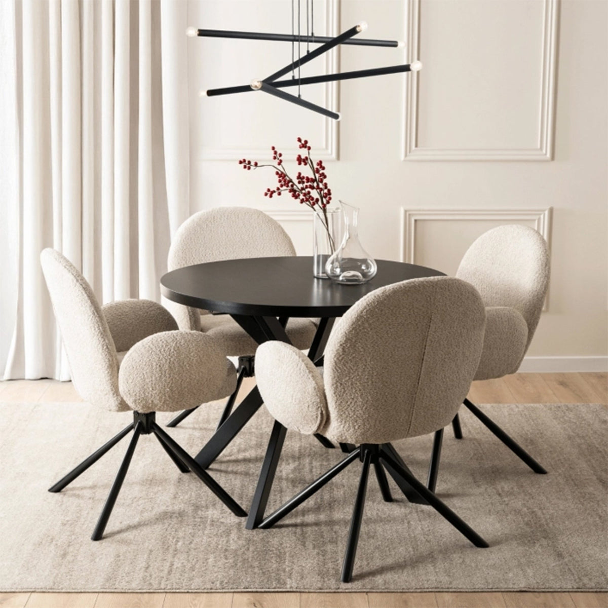 LUKAS Table à manger ronde extensible couleur bois noir pieds métal noir 100-250 cm