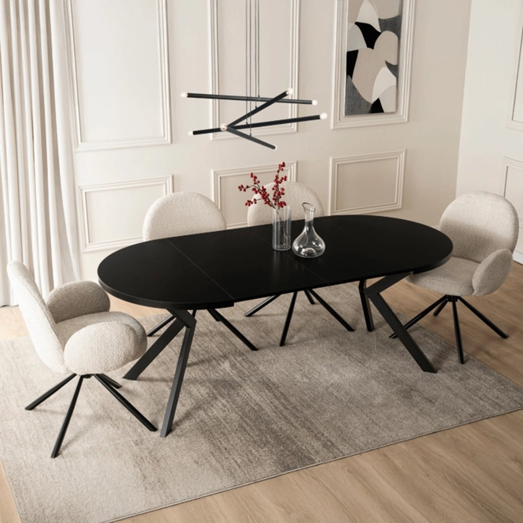 LUKAS Table à manger ronde extensible couleur bois noir pieds métal noir 100-250 cm