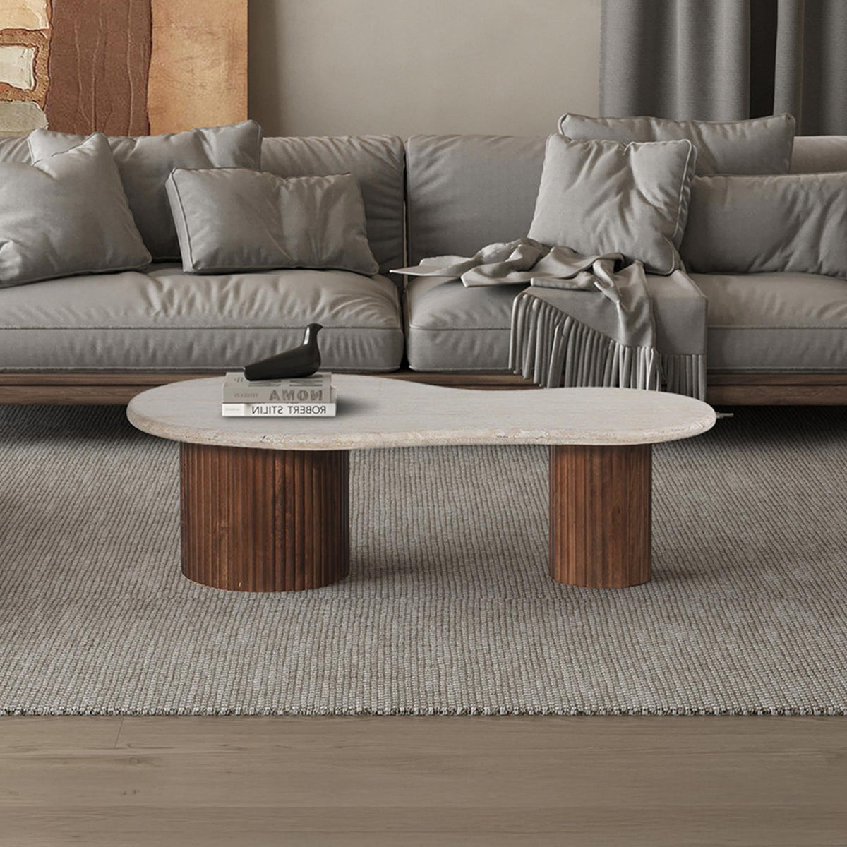 MARLON Table basse en bois de manguier et travertin