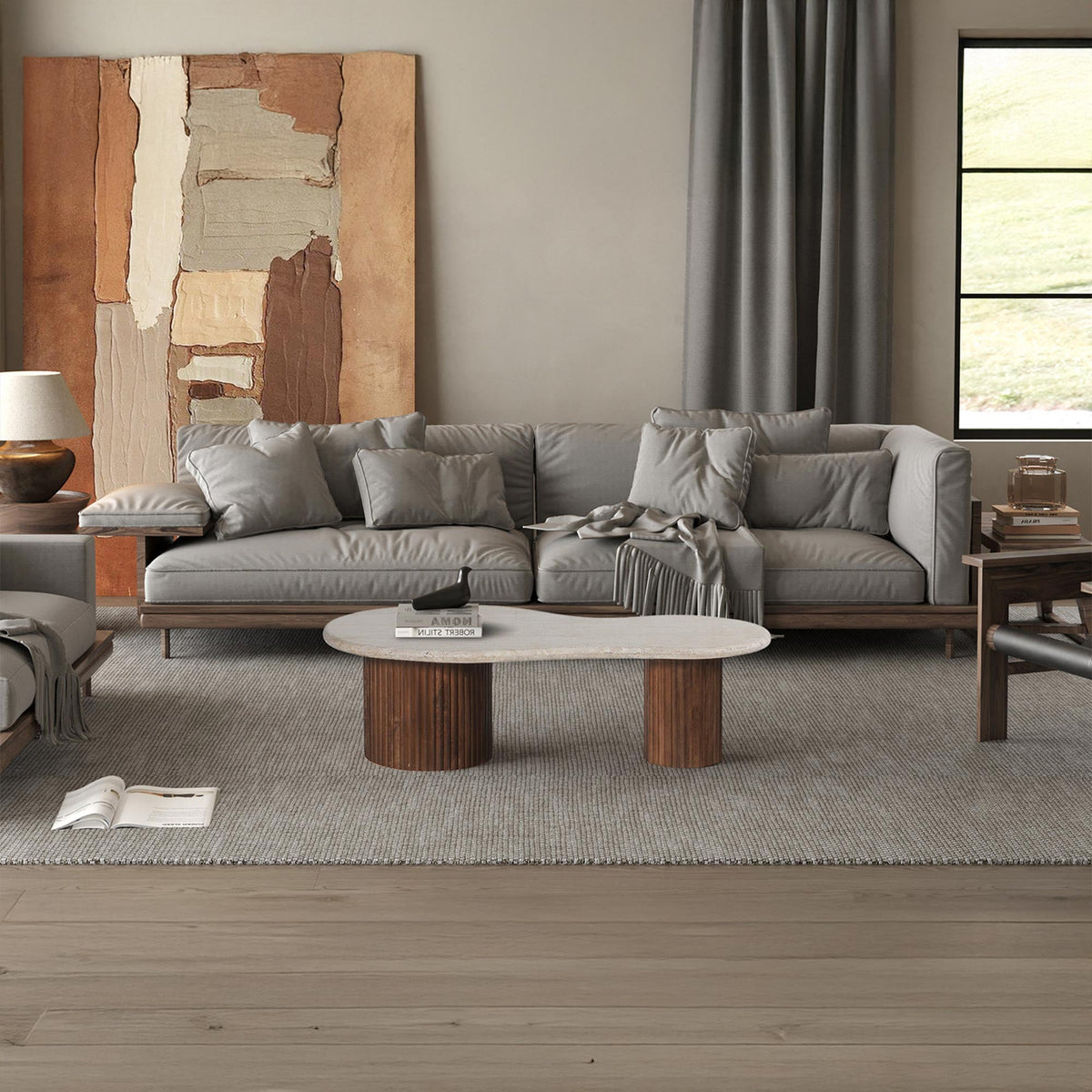 MARLON Table basse en bois de manguier et travertin