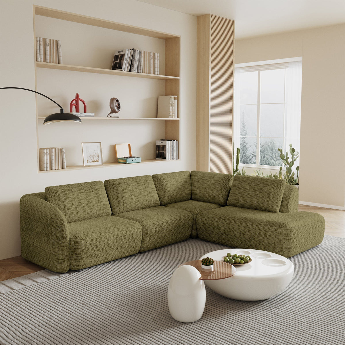 MERYA Canapé d'angle modulable en tissu vert olive - Angle droit
