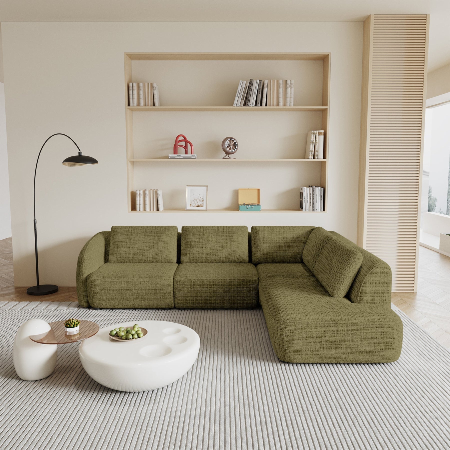 MERYA Canapé d'angle modulable en tissu vert olive - Angle droit