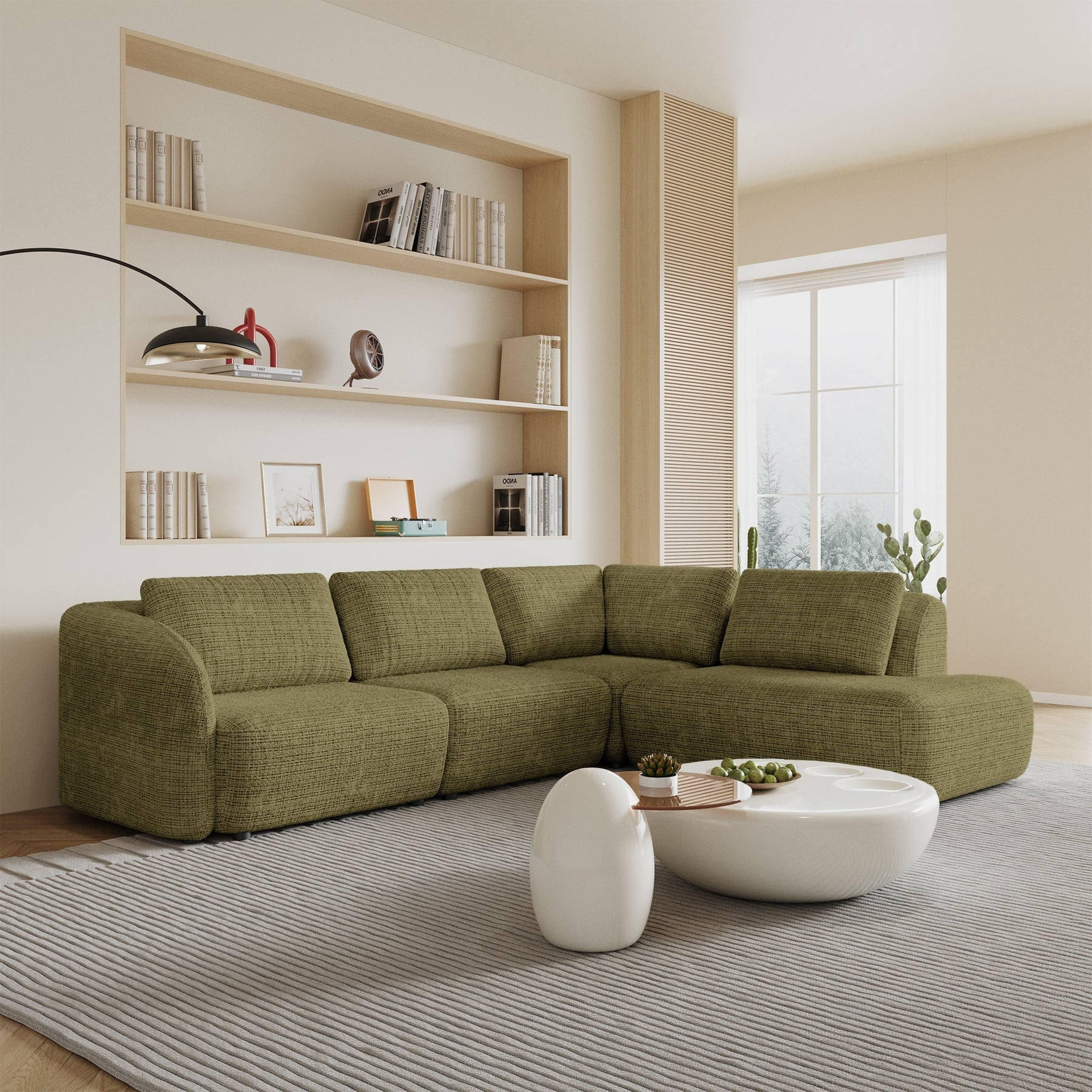MERYA Canapé d'angle modulable en tissu vert olive - Angle droit