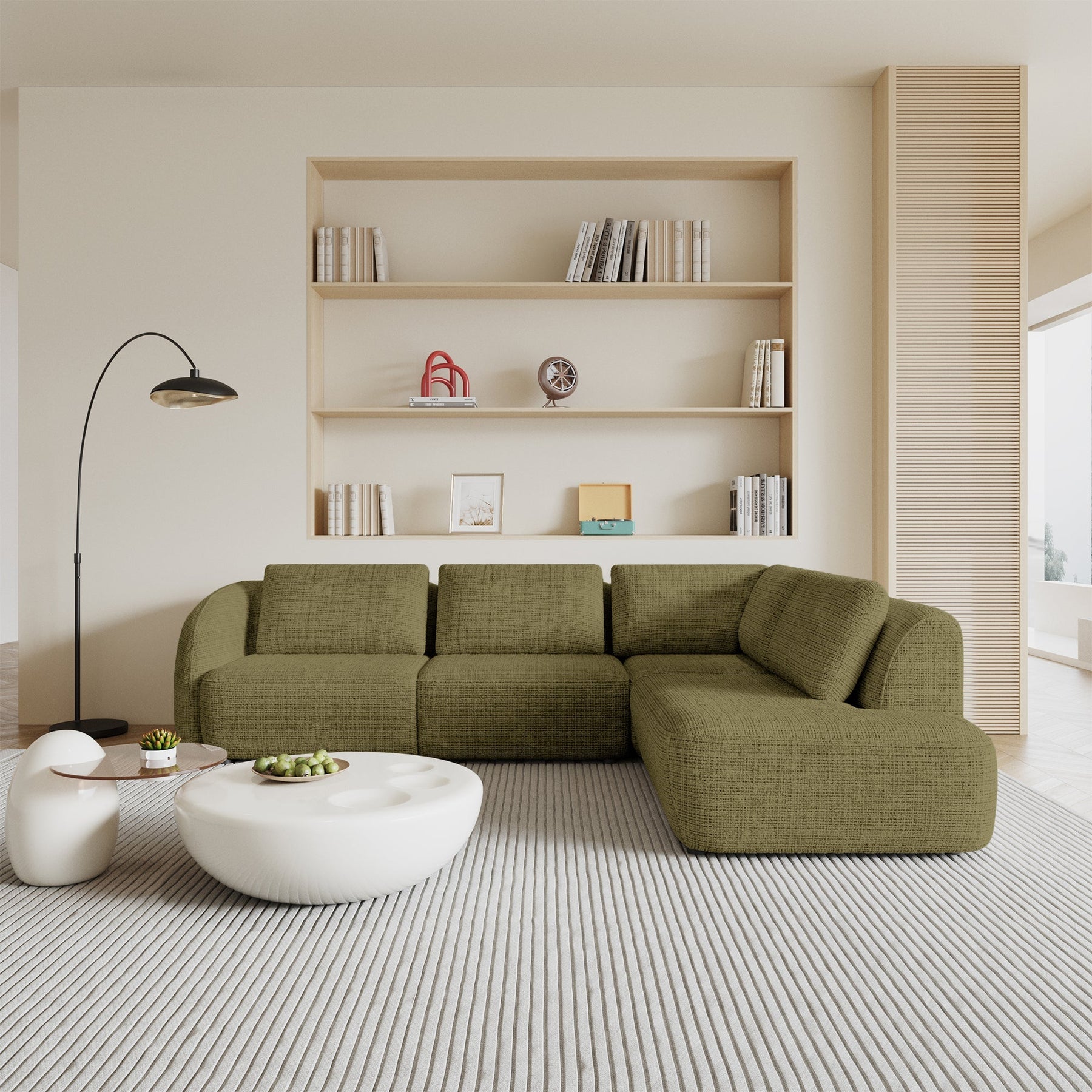 MERYA Canapé d'angle modulable en tissu vert olive - Angle droit