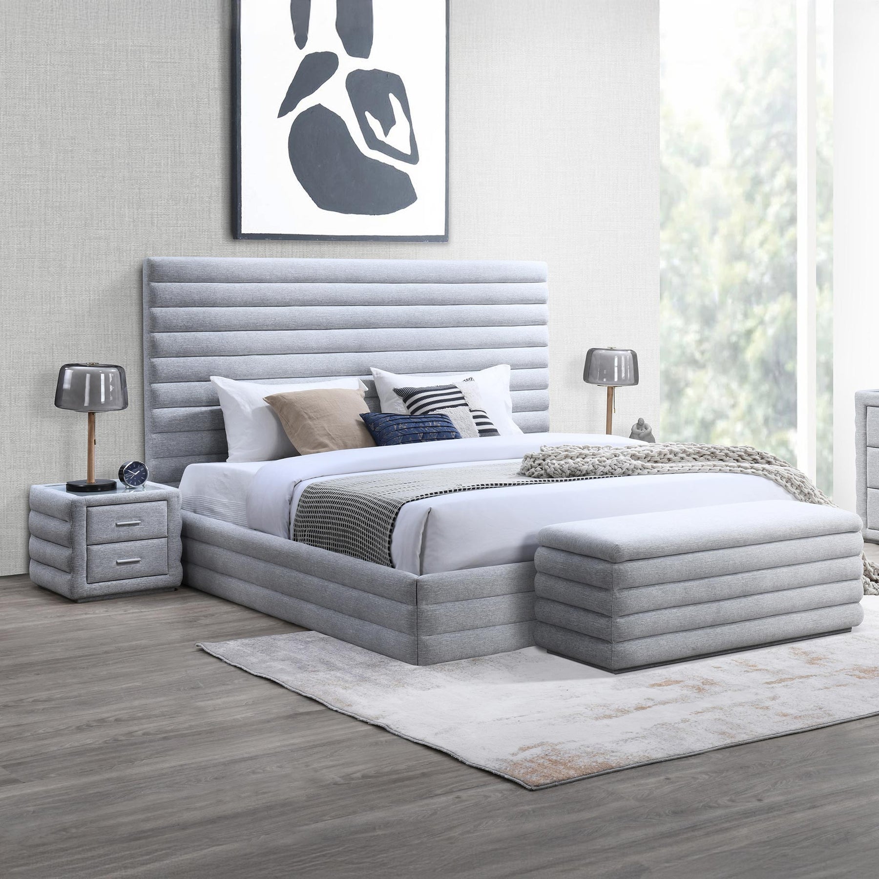 MEZZA Table de chevet 2 tiroirs tissu chiné gris