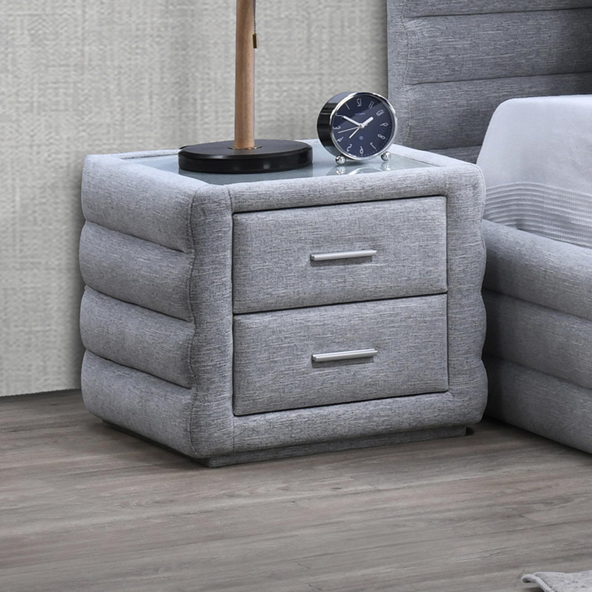 MEZZA Table de chevet 2 tiroirs tissu chiné gris