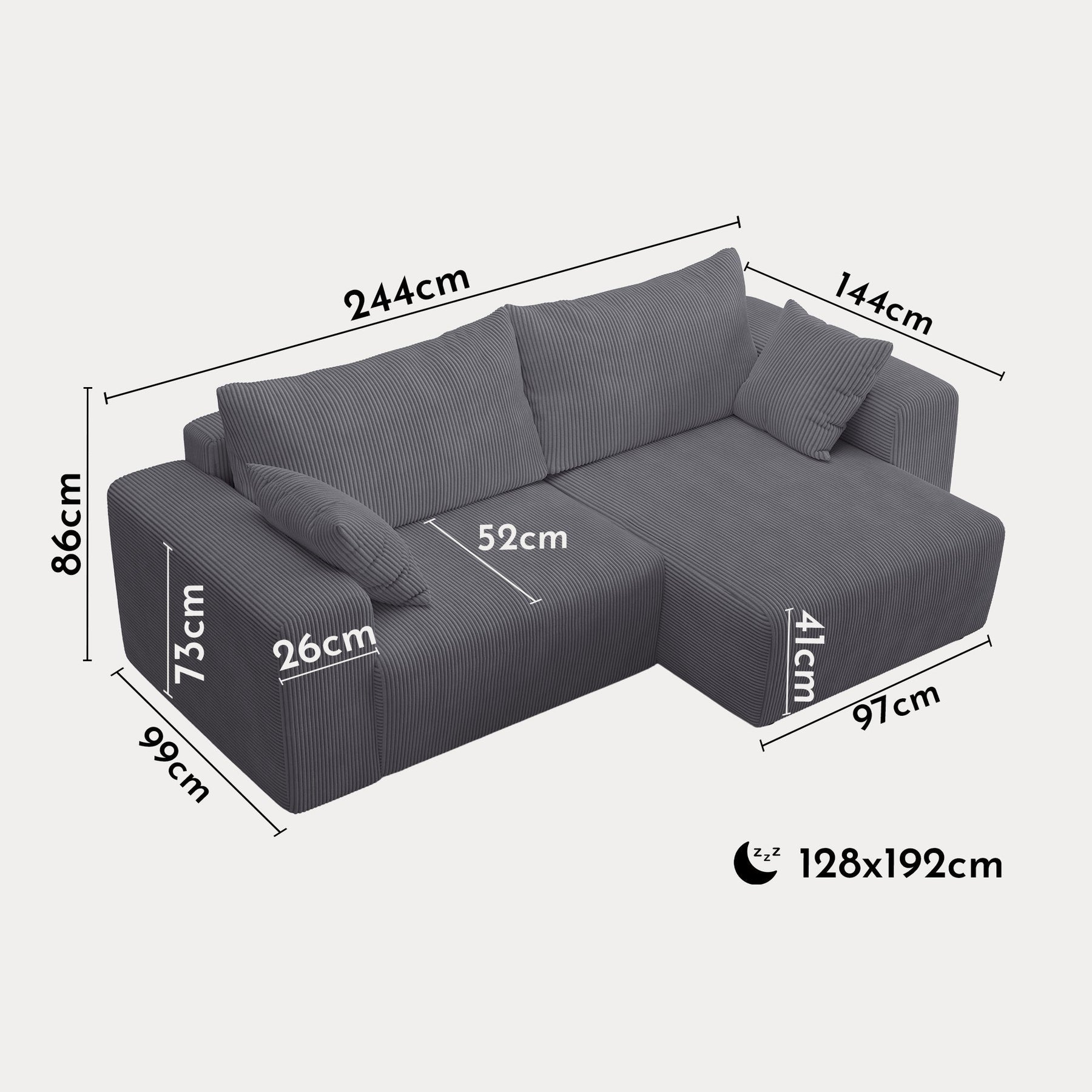 MILEA Canapé d'angle convertible et réversible en velours côtelé gris foncé