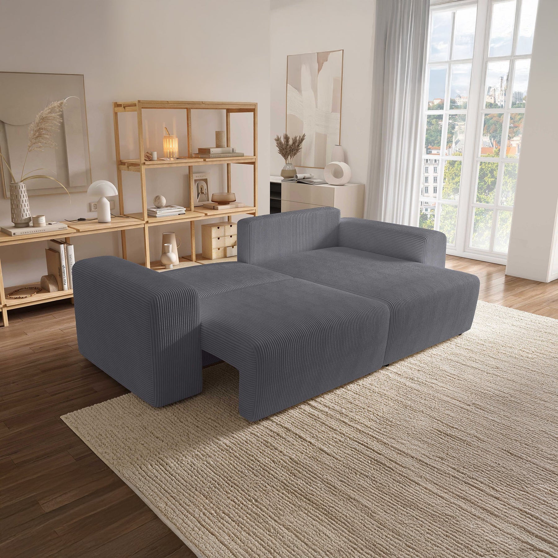 MILEA Canapé d'angle convertible et réversible en velours côtelé gris foncé
