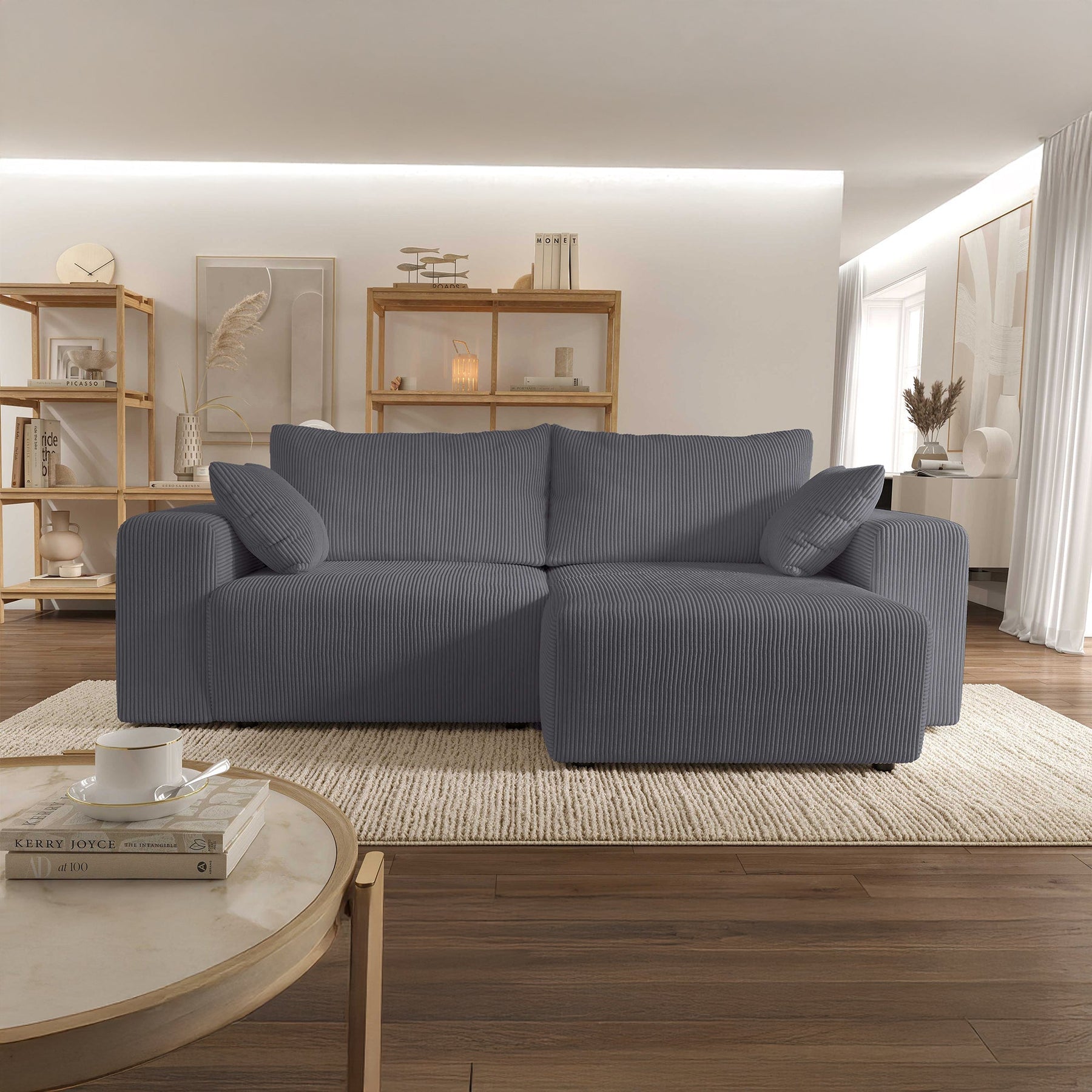 MILEA Canapé d'angle convertible et réversible en velours côtelé gris foncé