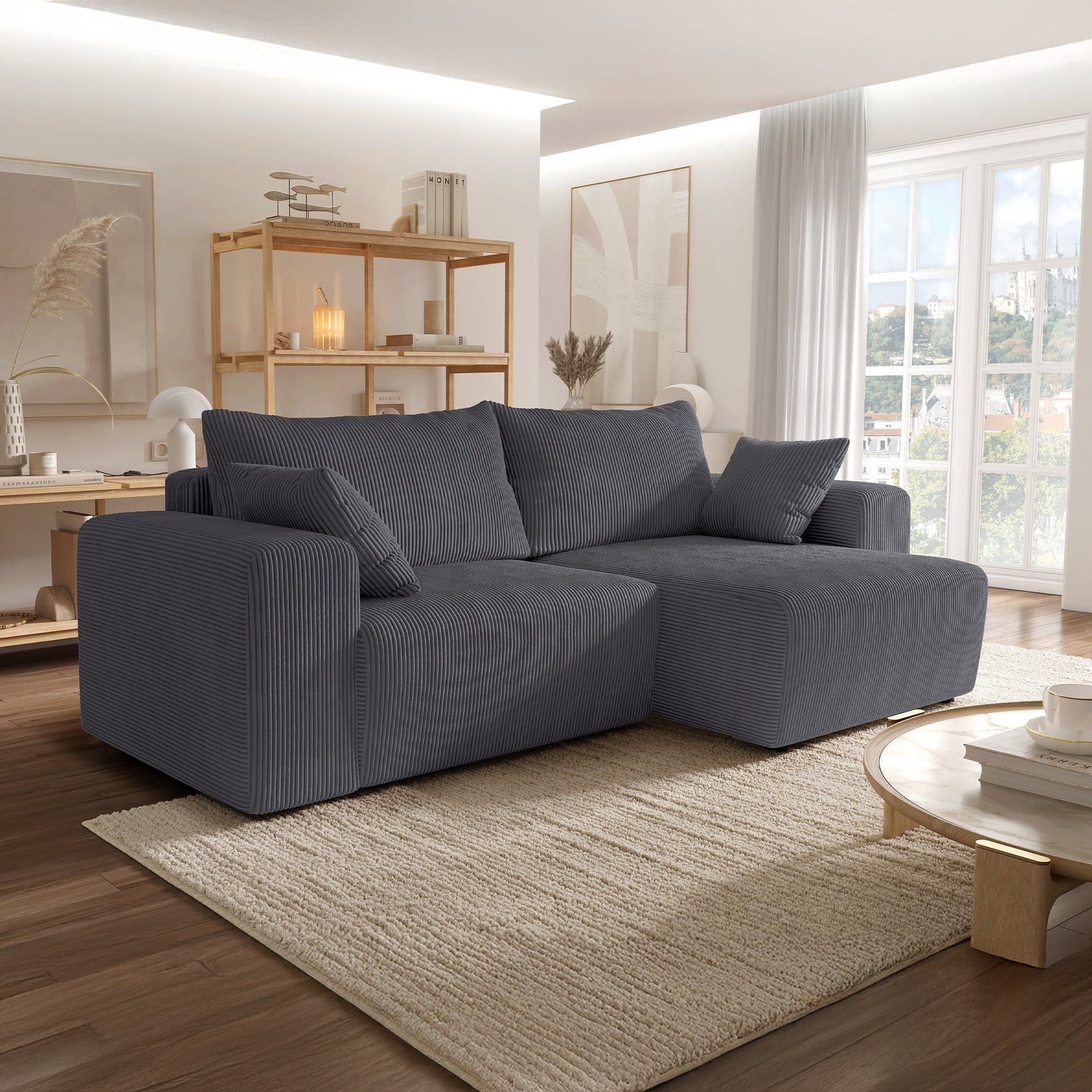 MILEA Canapé d'angle convertible et réversible en velours côtelé gris foncé