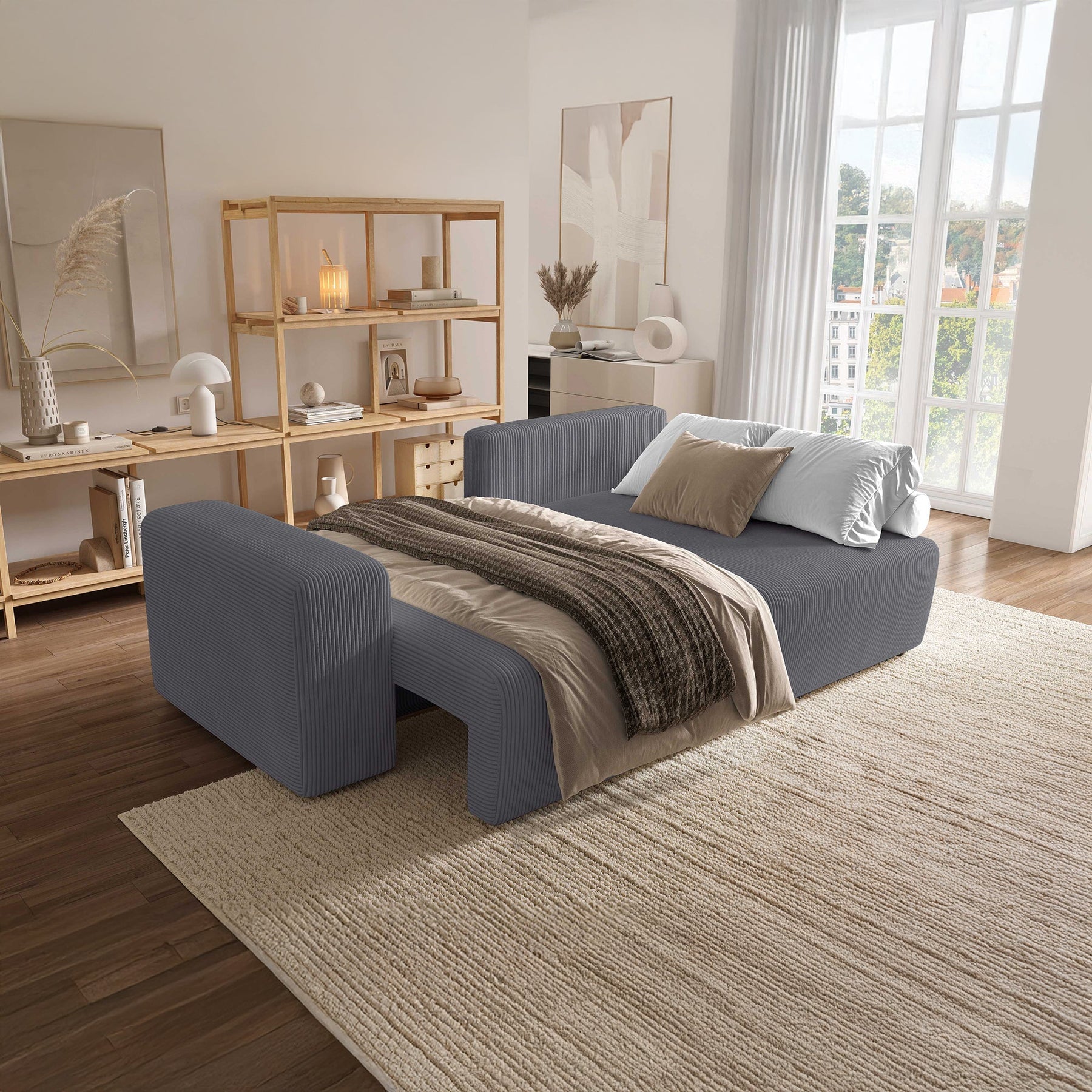 MILEA Canapé d'angle convertible et réversible en velours côtelé gris foncé