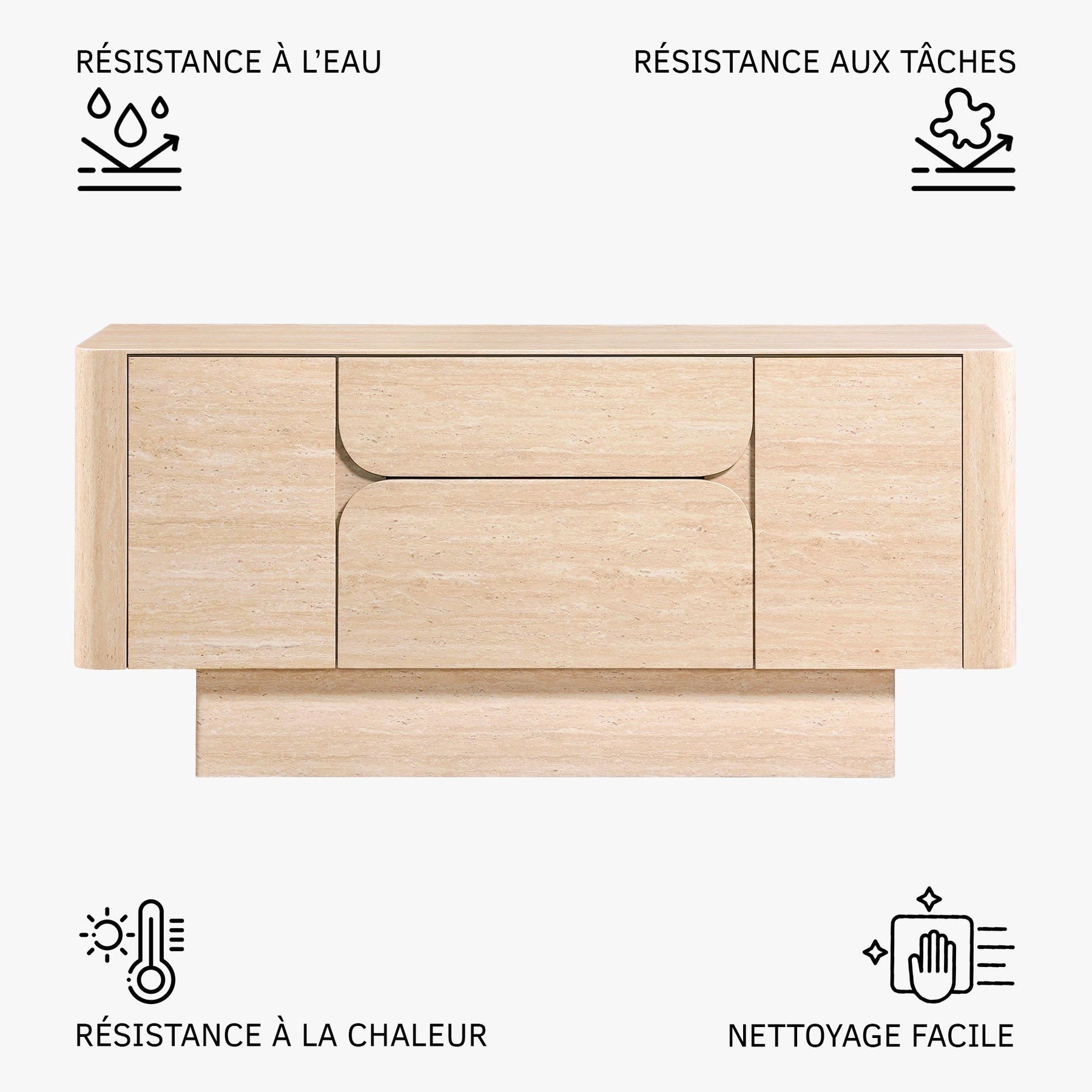 MIRA Buffet enfilade 2 portes 2 tiroirs marbre d'ingénierie couleur travertin