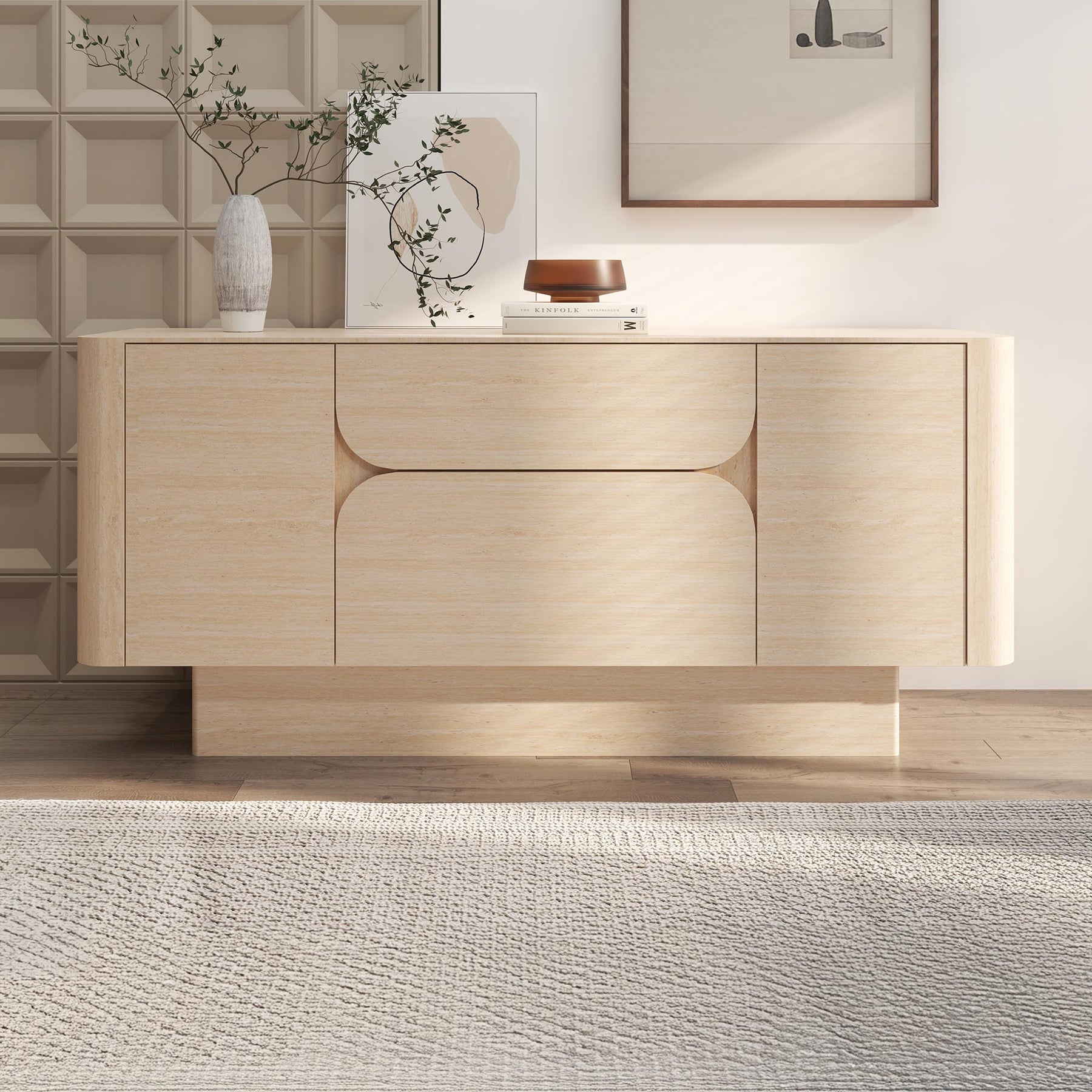 MIRA Buffet enfilade 2 portes 2 tiroirs marbre d'ingénierie couleur travertin