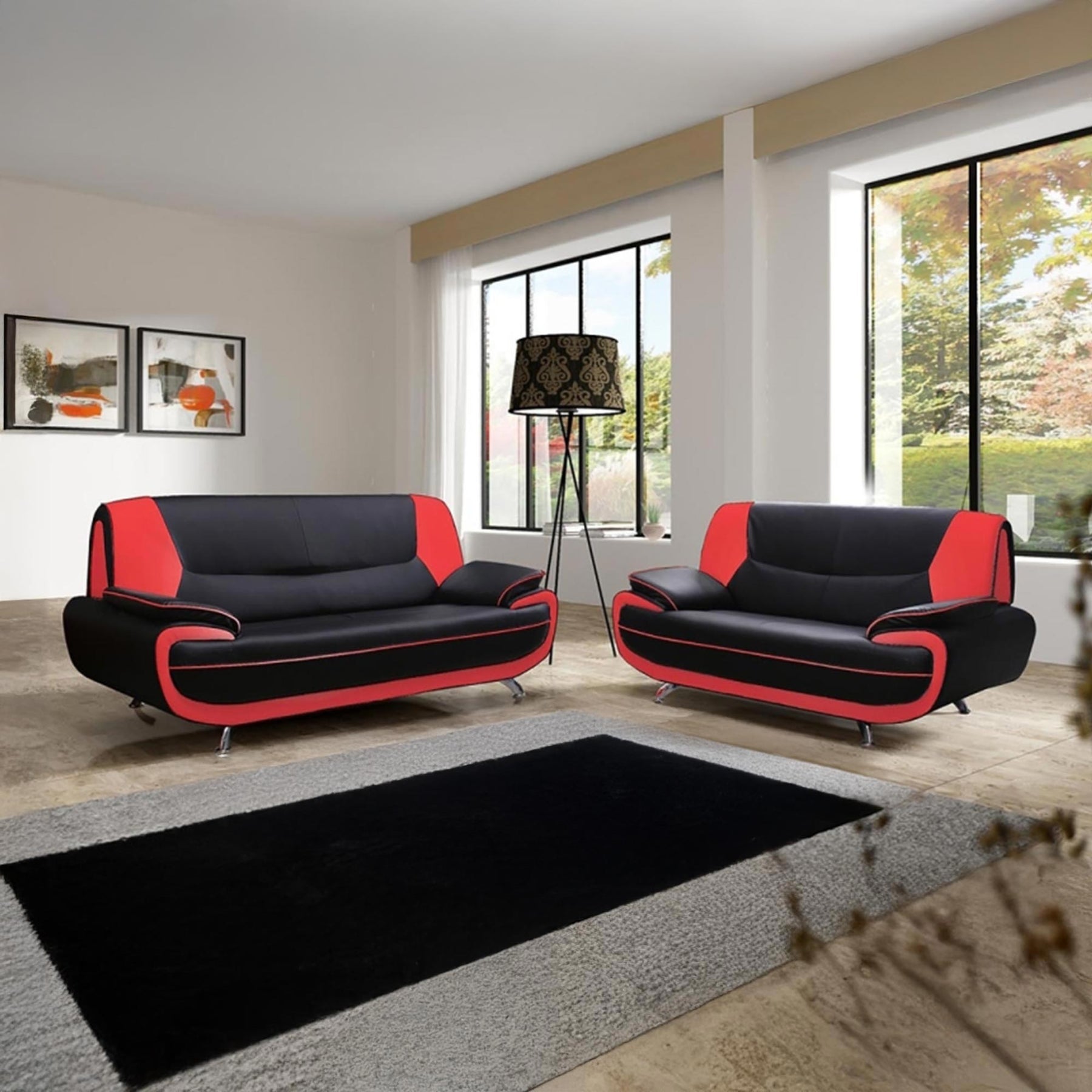 MUZA Canapé design 3 places en simili cuir noir et rouge