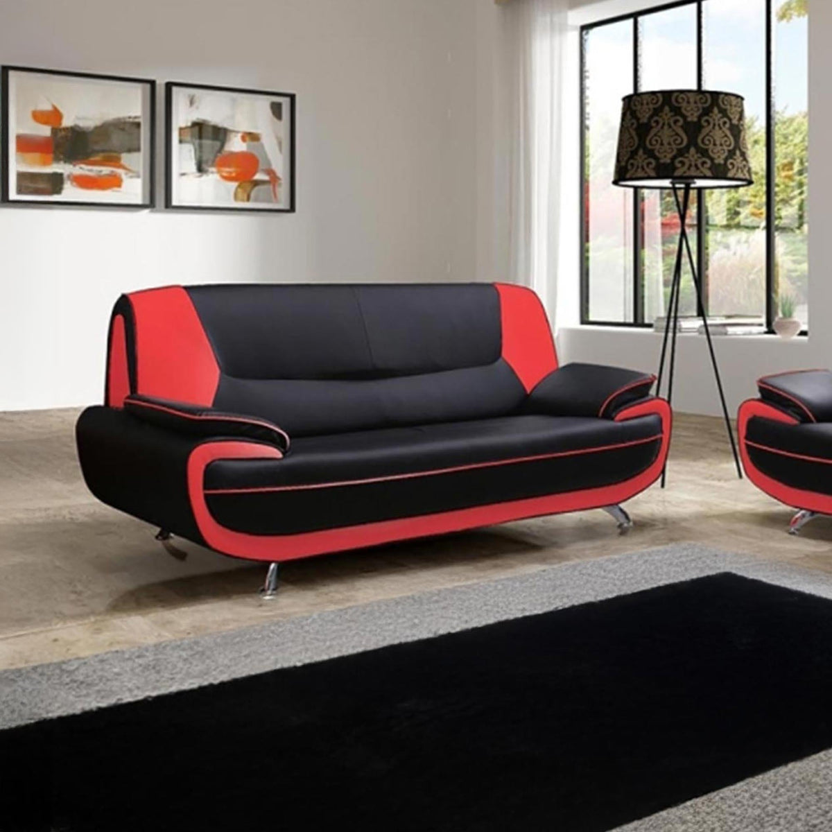 MUZA Canapé design 3 places en simili cuir noir et rouge