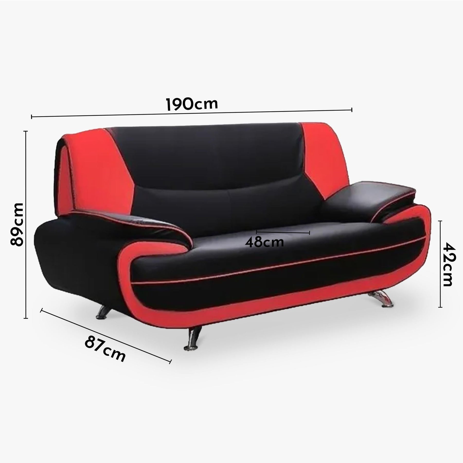 MUZA Canapé design 3 places en simili cuir noir et rouge