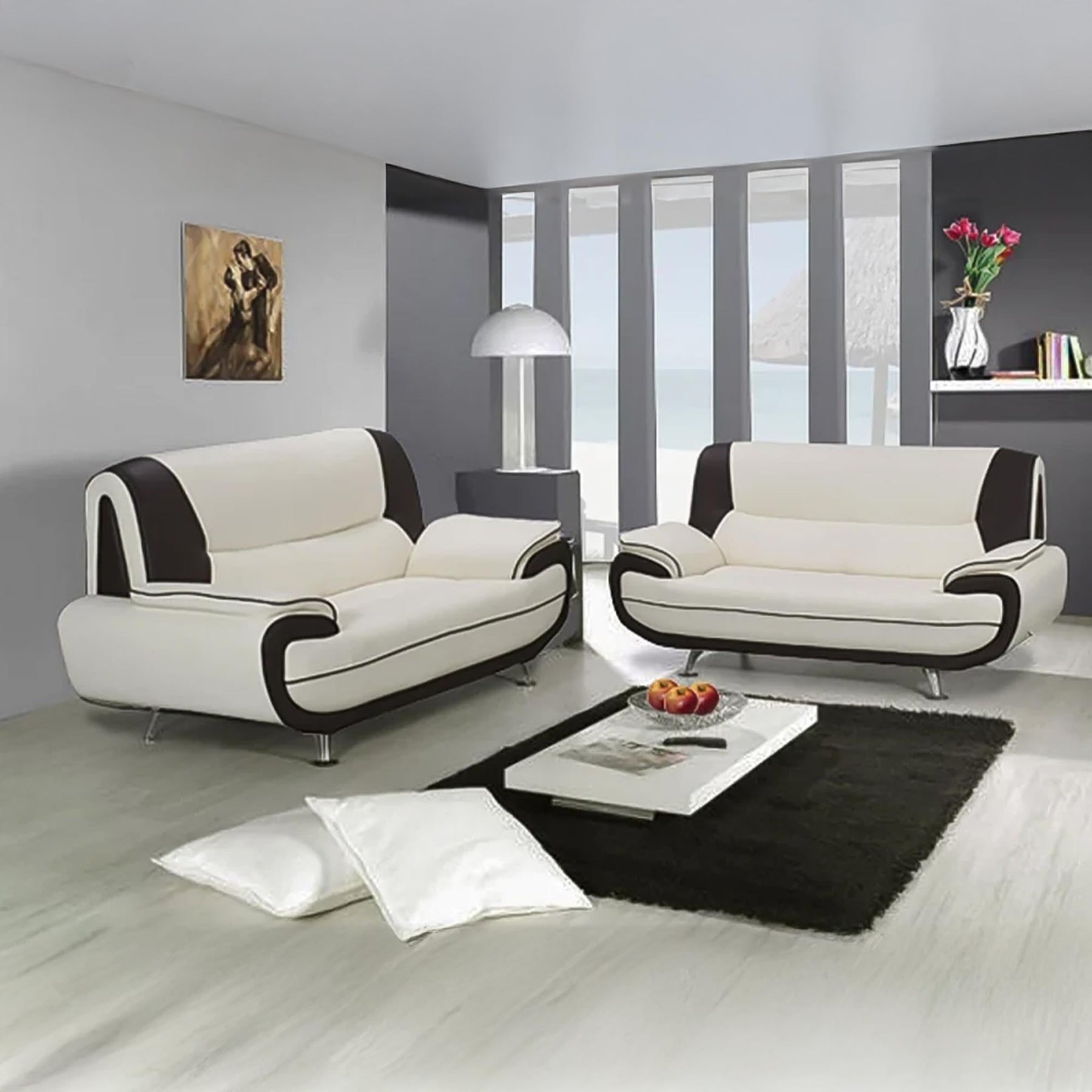 MUZA Ensemble canapé design en simili cuir blanc et noir