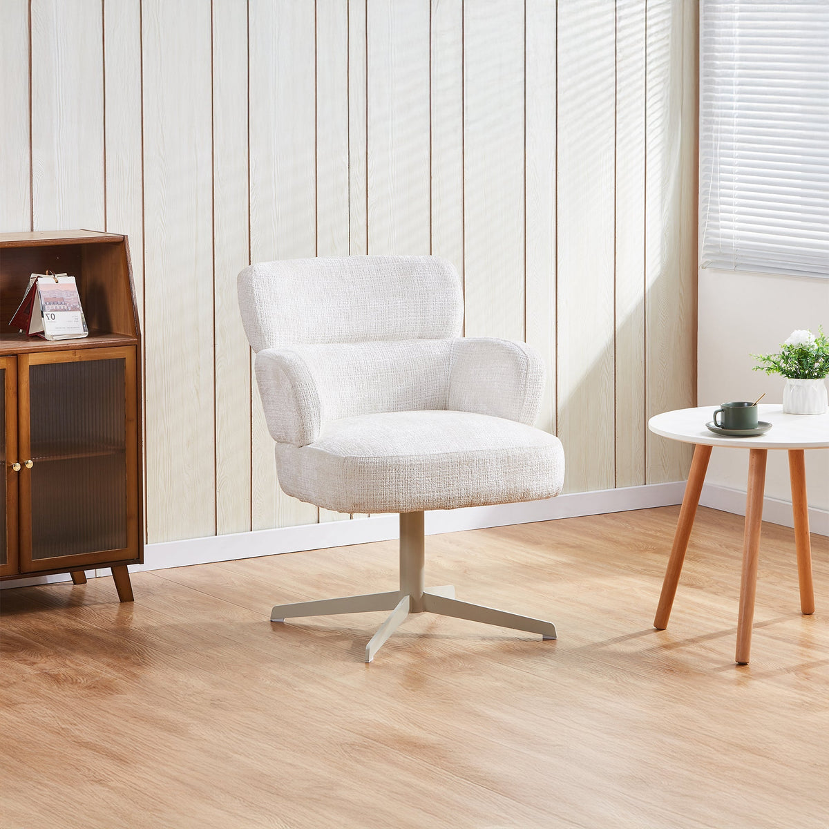 NEJYA Fauteuil en tissu blanc écru pieds en métal gris