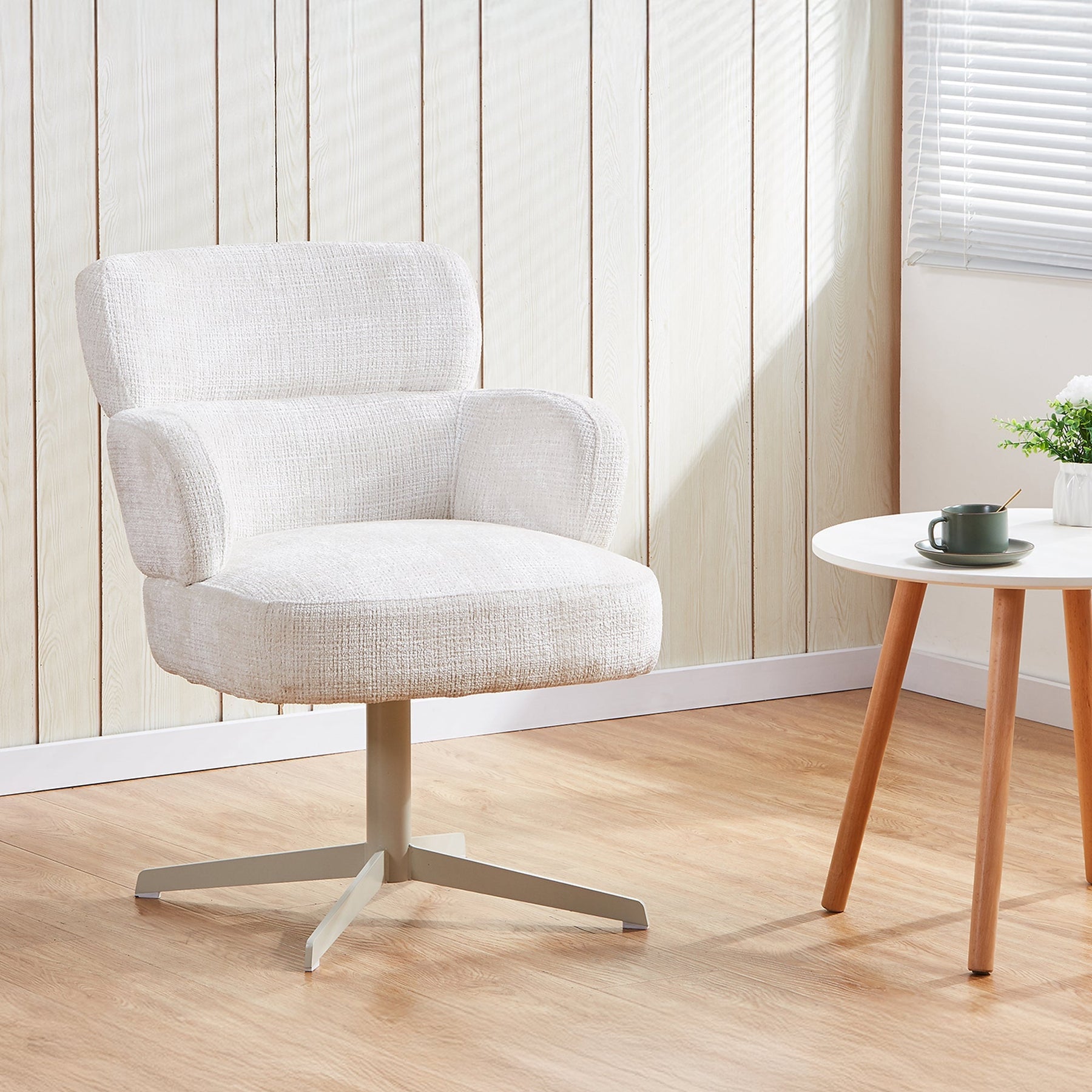 NEJYA Fauteuil en tissu blanc écru pieds en métal gris