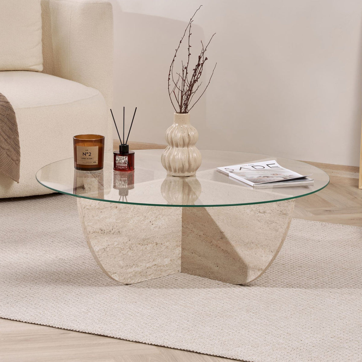 NESIA Table basse en verre piètement beige D90 cm