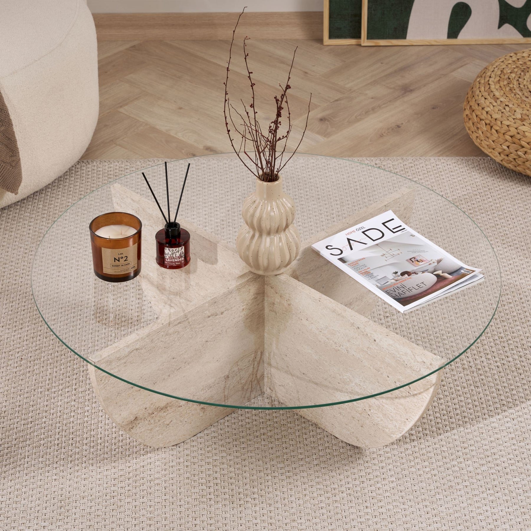 NESIA Table basse en verre piètement beige D90 cm