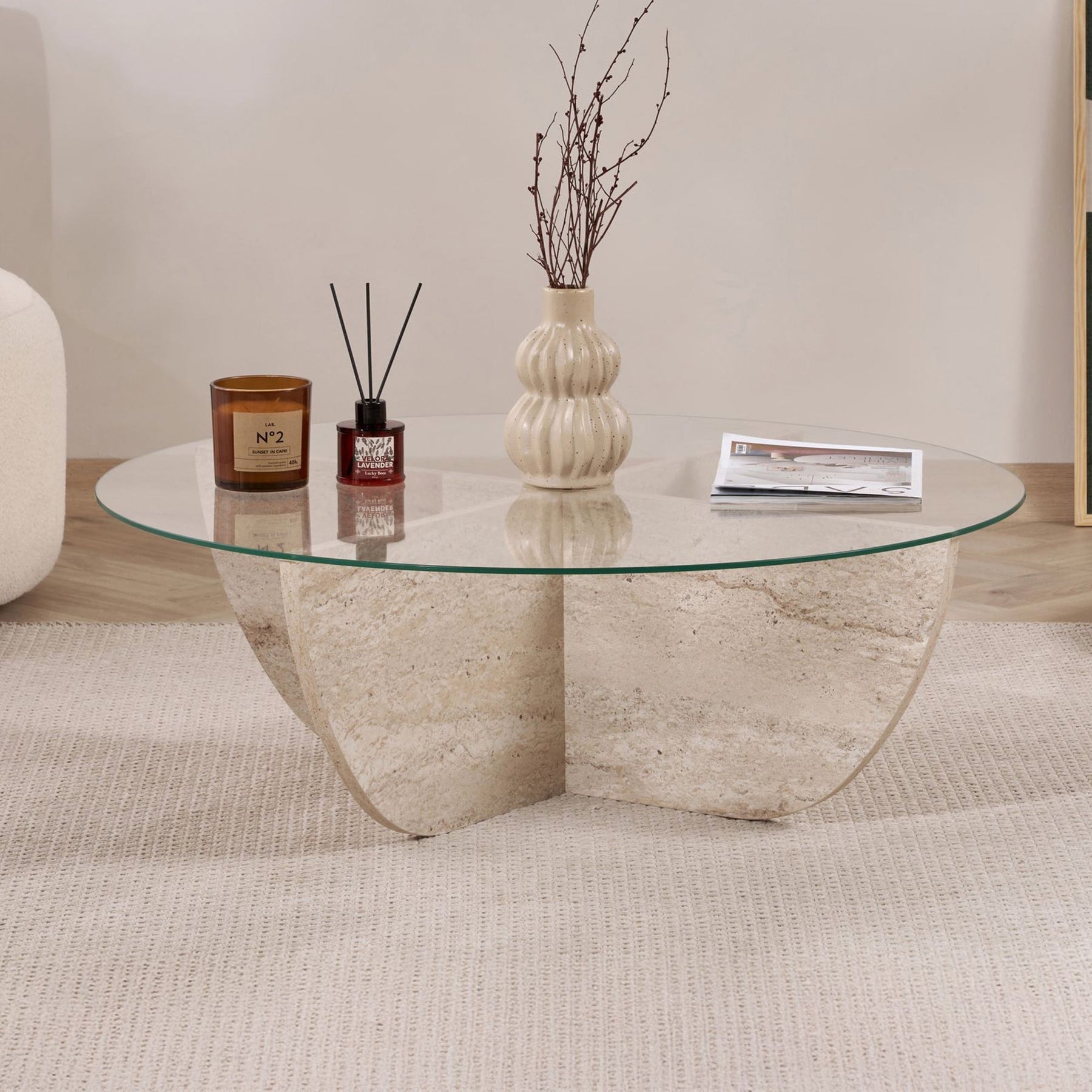 NESIA Table basse en verre piètement beige D90 cm