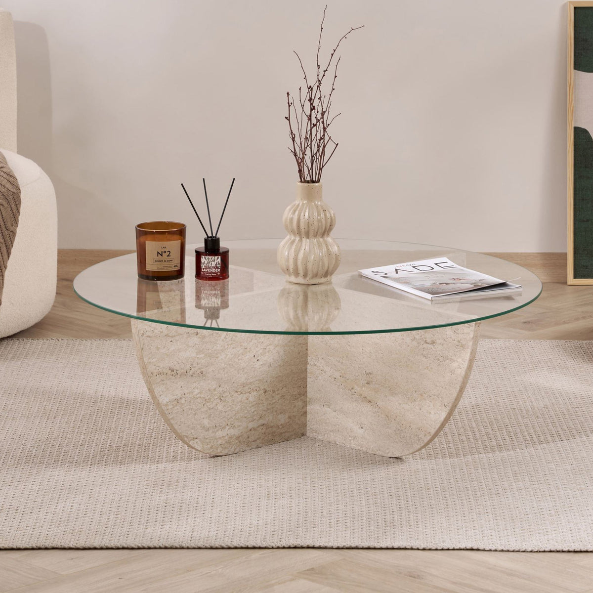 NESIA Table basse en verre piètement beige D90 cm