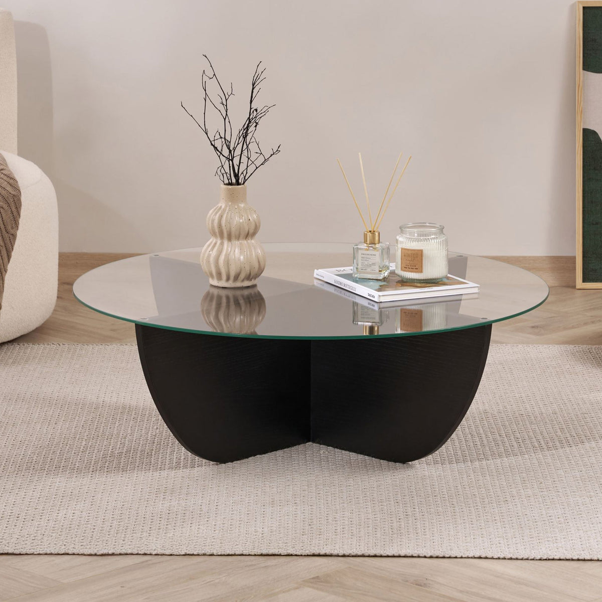 NESIA Table basse en verre piètement couleur bois noir D90 cm