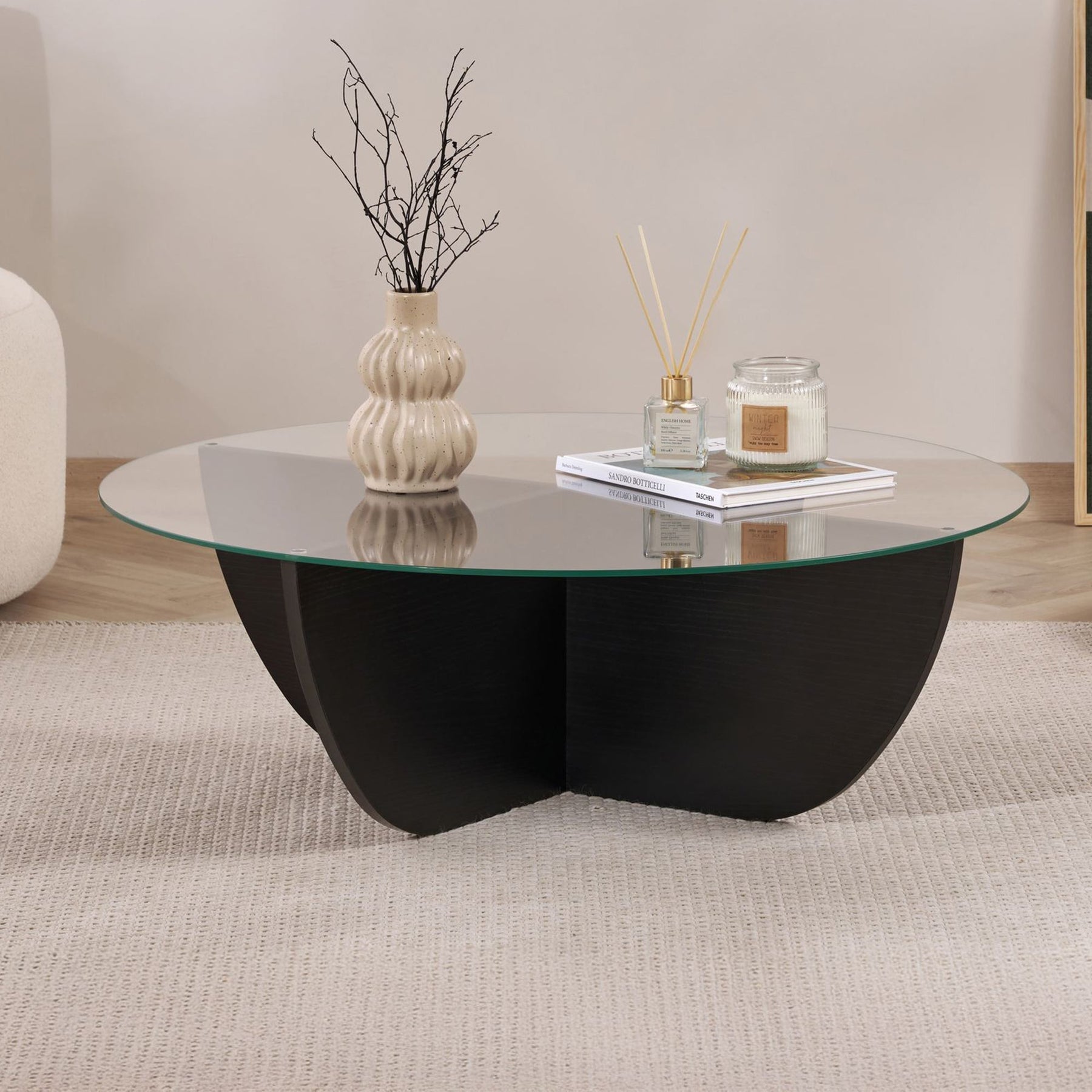 NESIA Table basse en verre piètement couleur bois noir D90 cm