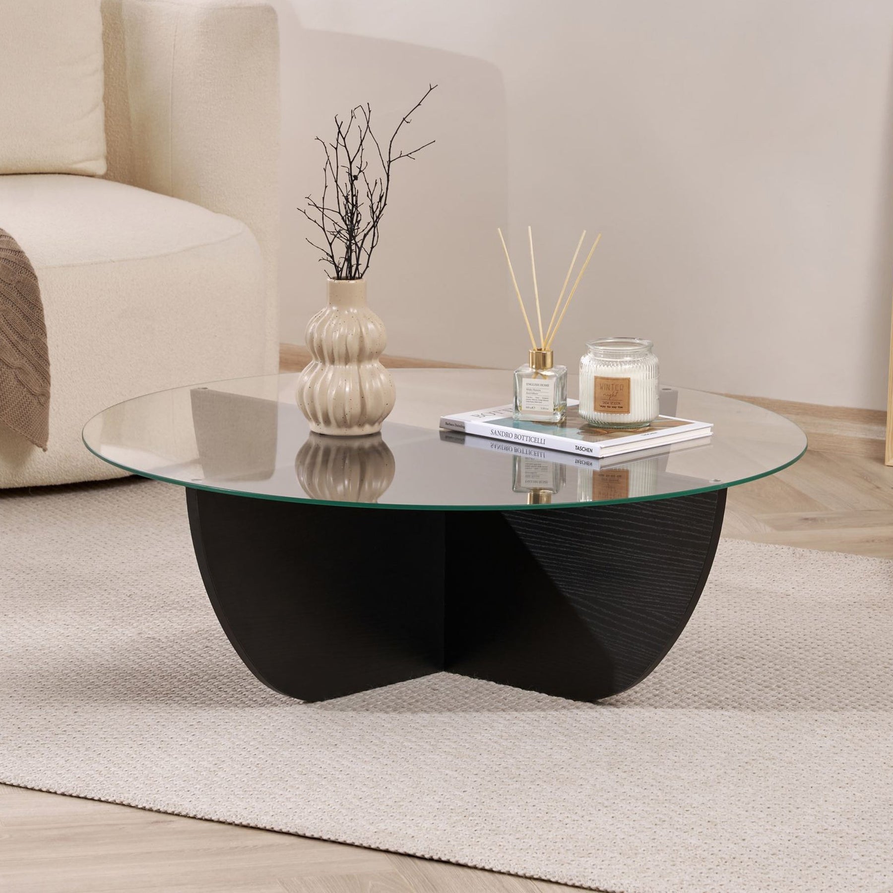 NESIA Table basse en verre piètement couleur bois noir D90 cm