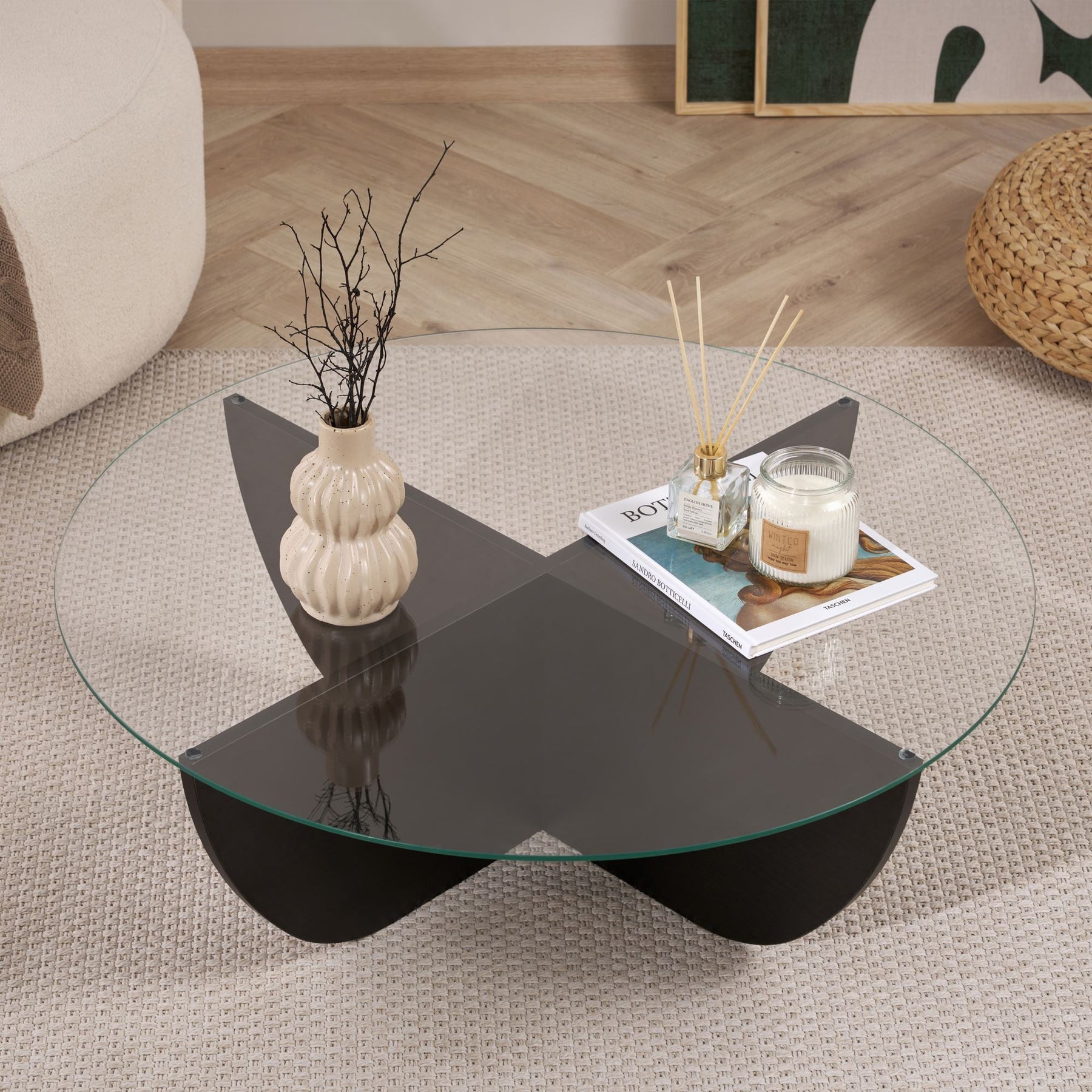 NESIA Table basse en verre piètement couleur bois noir D90 cm