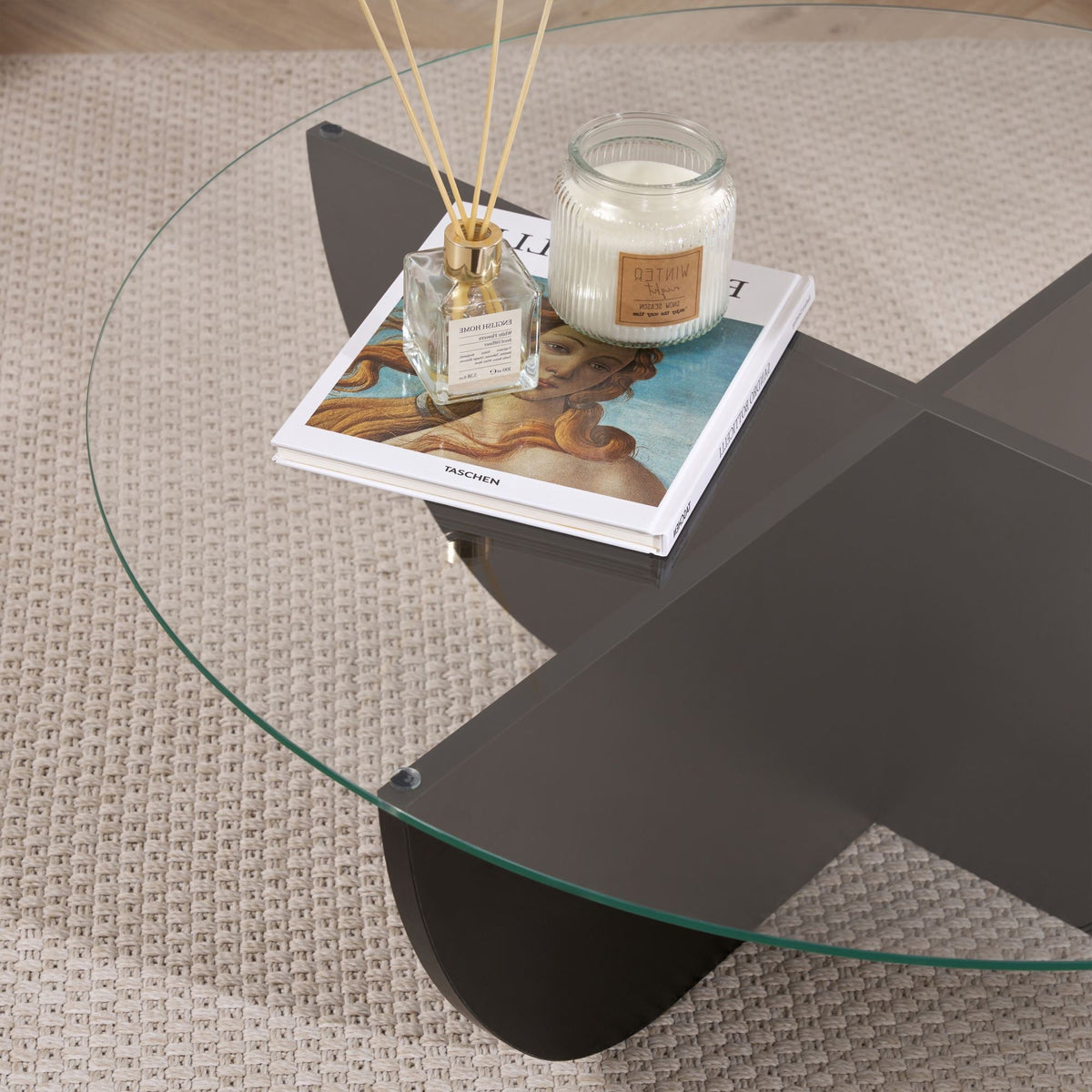 NESIA Table basse en verre piètement couleur bois noir D90 cm