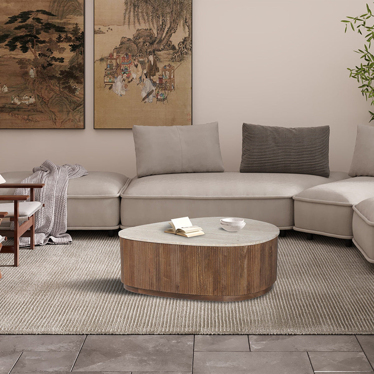 NOLAN Table basse en travertin et bois de manguier 100 cm