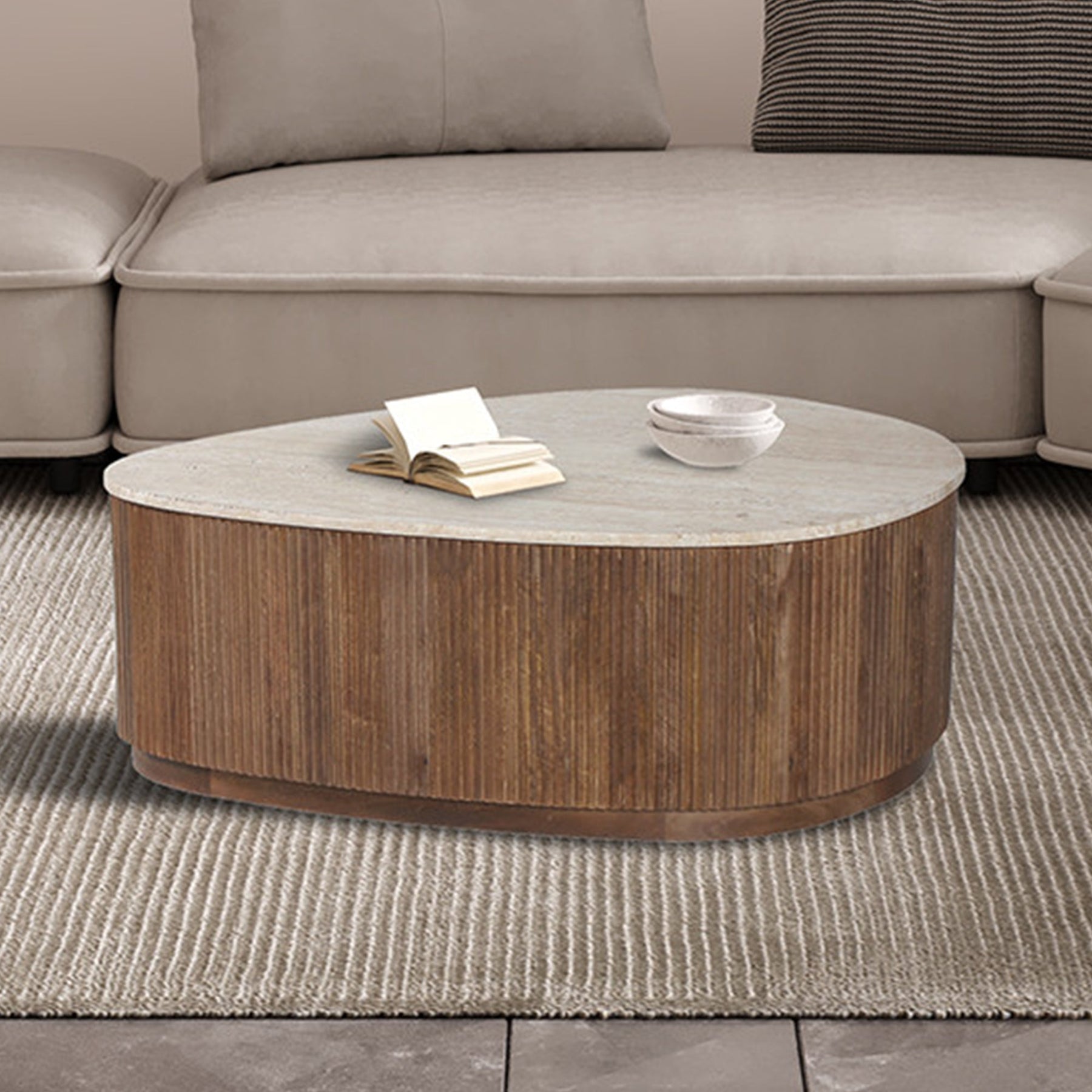 NOLAN Table basse en travertin et bois de manguier 100 cm